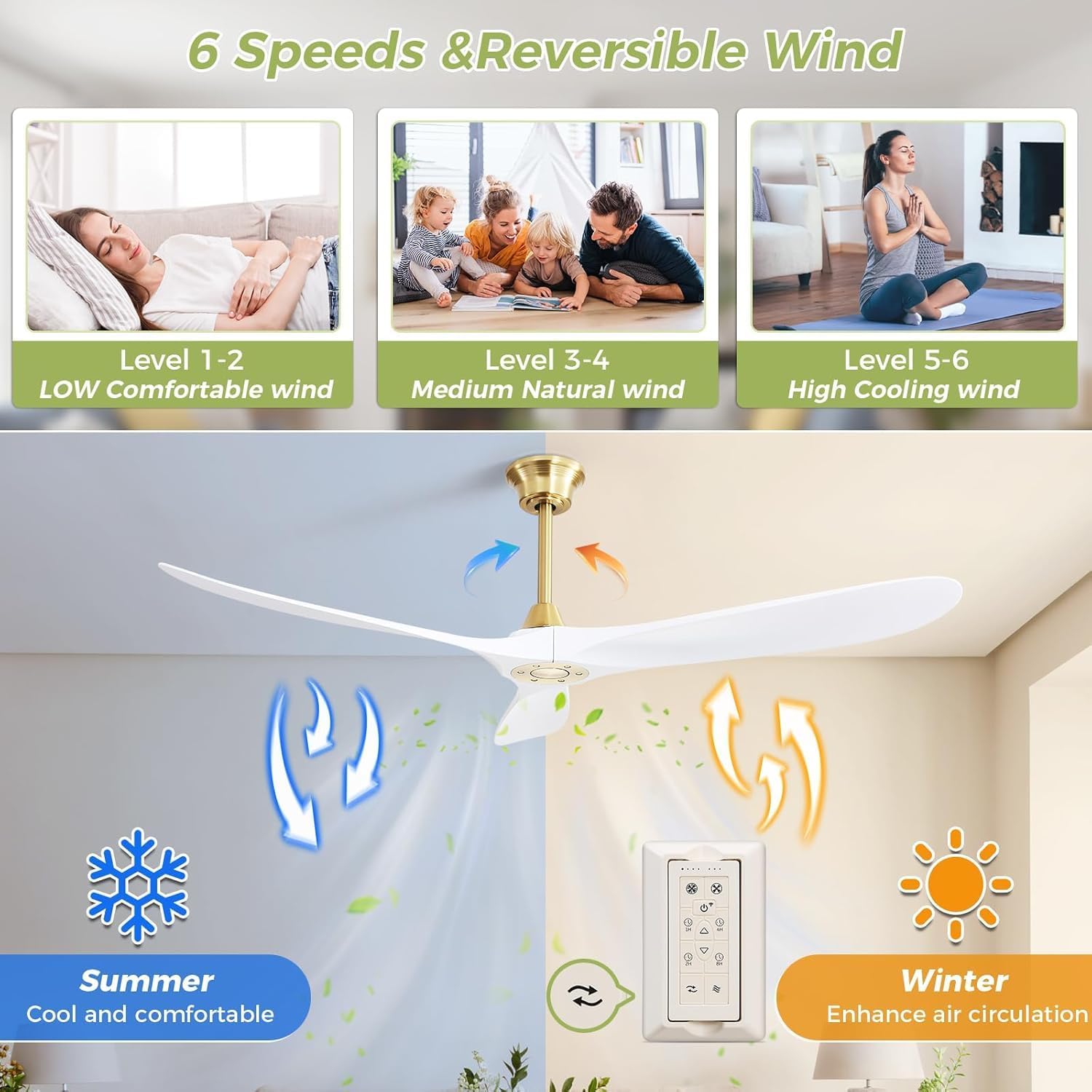 CACI Mall 60' Ceiling Fan No Light, White Smart Ceiling Fan with Remote Control, Modern, without Light, Quiet Reversible DC Motor for Outdoor, Living Room, Bedroom, Patio, Porch
