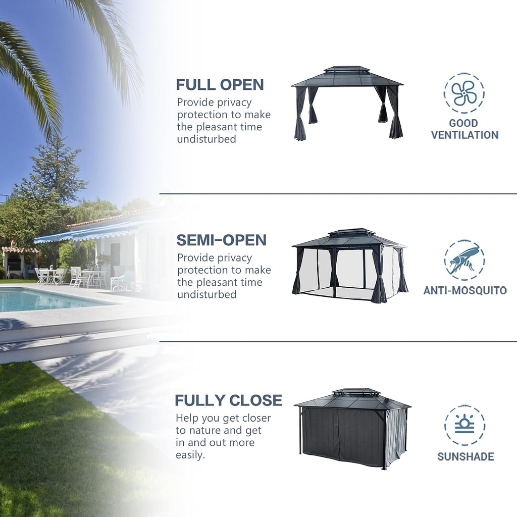 10x13ft Outdoor Hardtop Gazebo with Netting and Curtains, Heavy-Duty Galvanized Aluminum Frame Gazebo with 2-Tier Waterproof Polycarbonate Roof for Patio, Backyard, Deck and Lawns, Black
