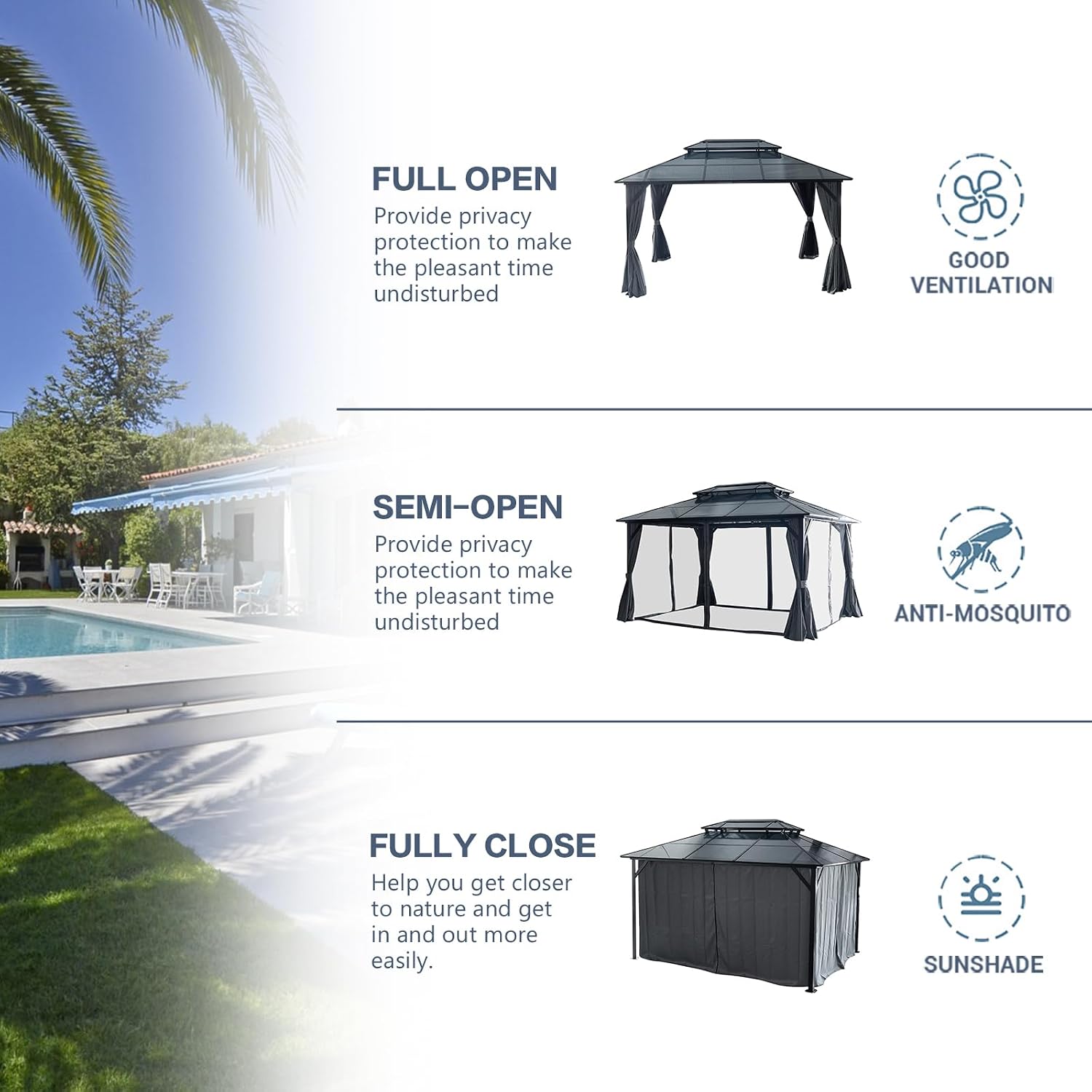 10x13ft Outdoor Hardtop Gazebo with Netting and Curtains, Heavy-Duty Galvanized Aluminum Frame Gazebo with 2-Tier Waterproof Polycarbonate Roof for Patio, Backyard, Deck and Lawns, Black