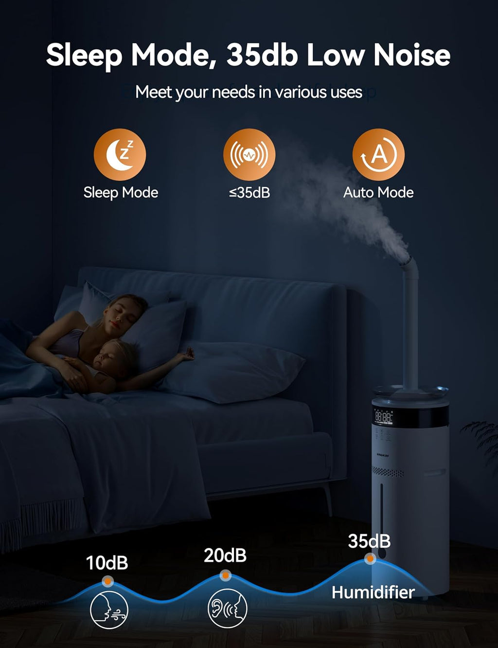 VAGKRI Humidifier Large Room, 18L Ultrasonic Cool Mist Humidifiers for Bedroom, Up to 1200 sq ft, 5 Mist Levels & Auto Mode, Quiet Humidifier for Plants, Baby, Whole House, Home with 2 Extended Tubes
