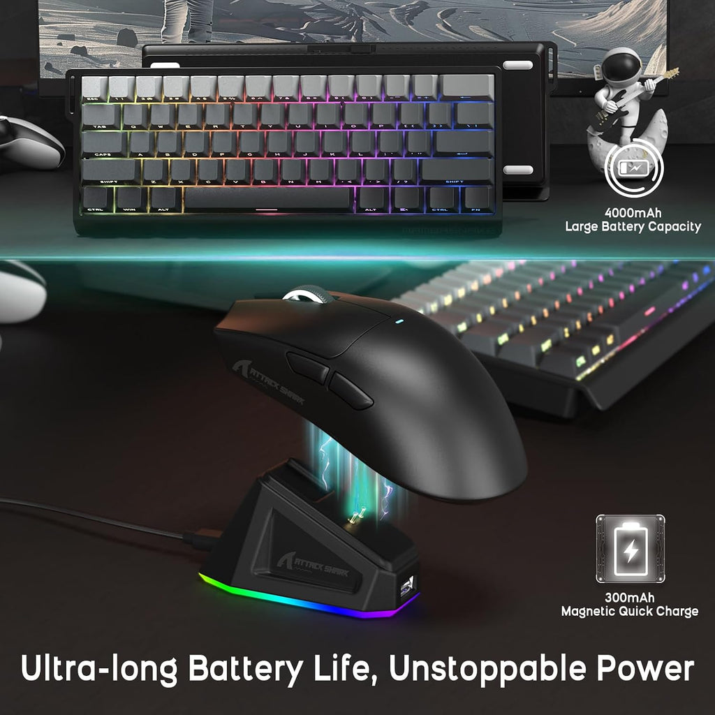 ATTACK SHARK X11 Mouse and X60 HE Keyboard Wireless Gaming Combo,Magnetic Switch,8K Polling Rate,Hall Effect,Rapid Trigger,PAW3311 Optical Sensor,22K DPI,Lightweight-Black