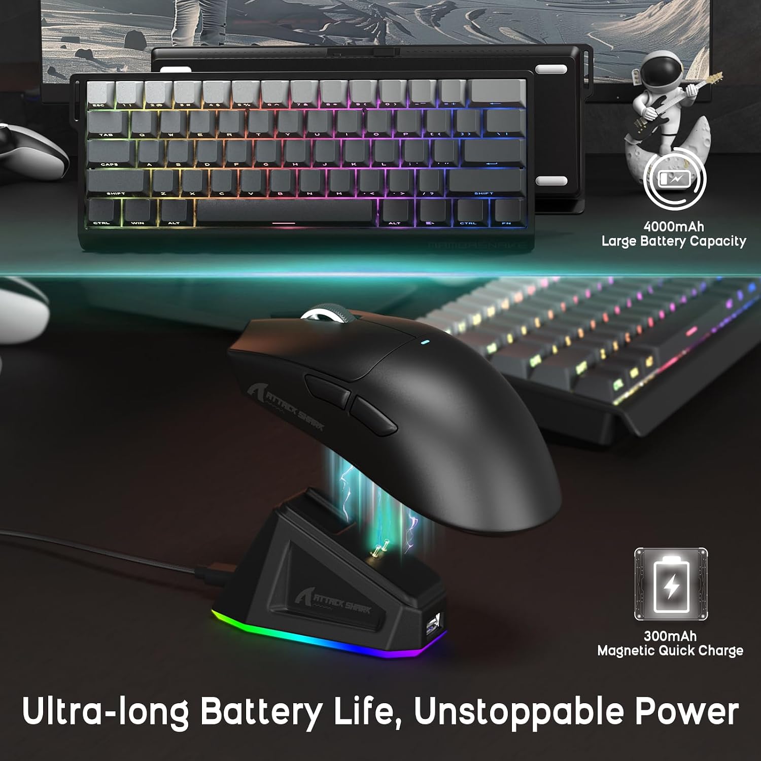 ATTACK SHARK X11 Mouse and X60 HE Keyboard Wireless Gaming Combo,Magnetic Switch,8K Polling Rate,Hall Effect,Rapid Trigger,PAW3311 Optical Sensor,22K DPI,Lightweight-Black