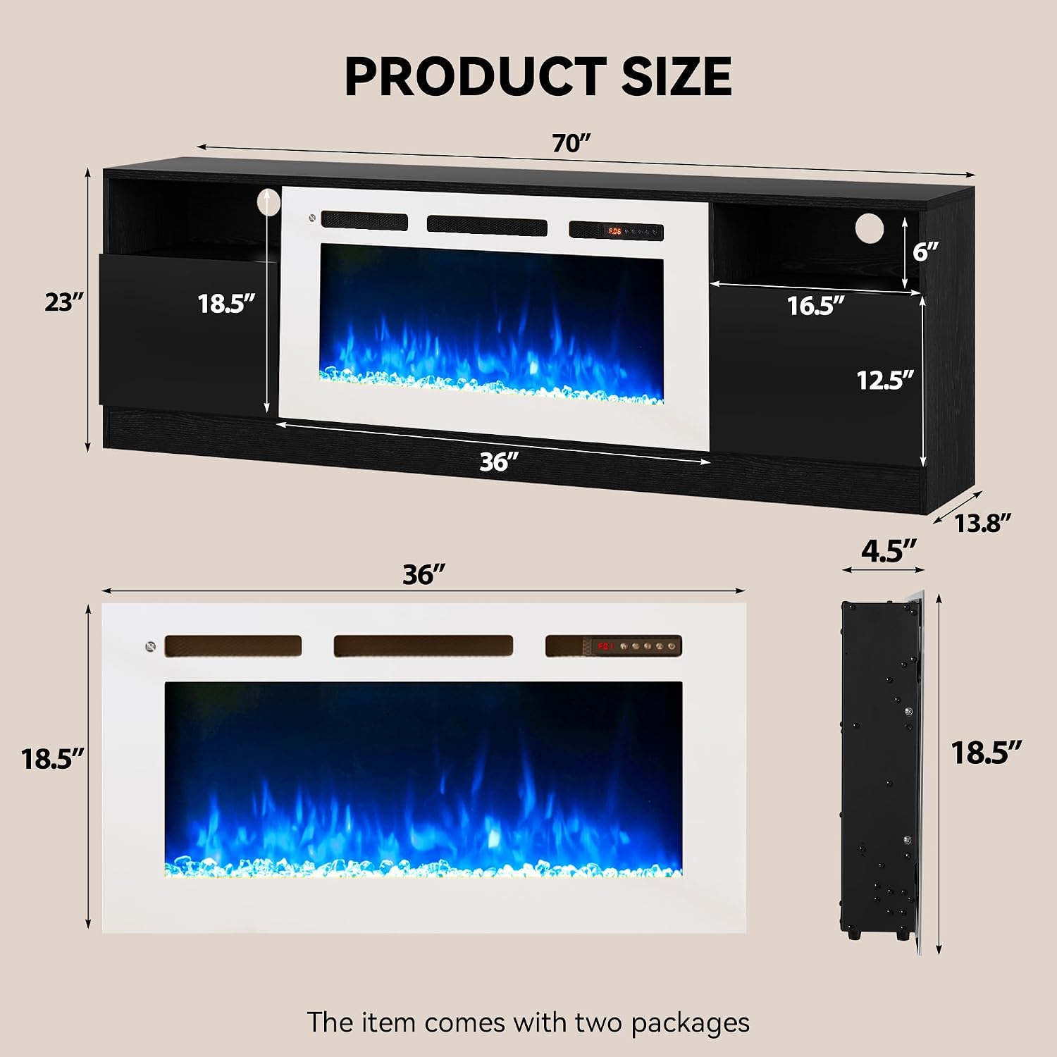 70' Fireplace TV Stand, LED Light Entertainment Center for TVs Up to 80', High-Gloss Door, Modern TV Console for Living Room with Storage Cabinet, Black+White