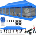 COBIZI 10x30 Pop Up Canopy with Sidewalls, Heavy Duty Canopy with Mosquito Netting, Easy up Screen Party Tents for Parties Backyard Outdoor Commercial Event Gazebo with Roller Bag, Sandbags, Blue