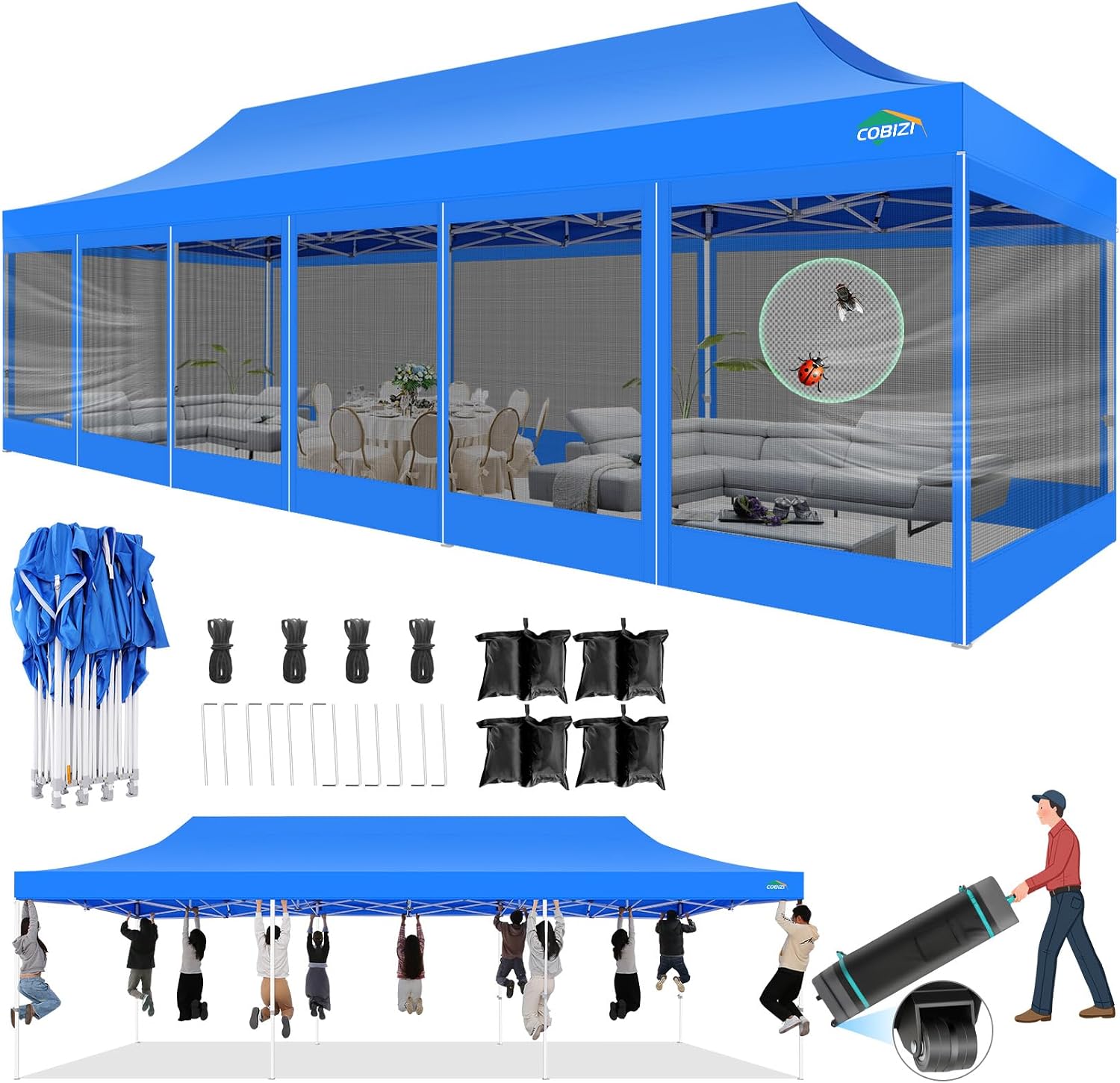 COBIZI 10x30 Pop Up Canopy with Sidewalls, Heavy Duty Canopy with Mosquito Netting, Easy up Screen Party Tents for Parties Backyard Outdoor Commercial Event Gazebo with Roller Bag, Sandbags, Blue