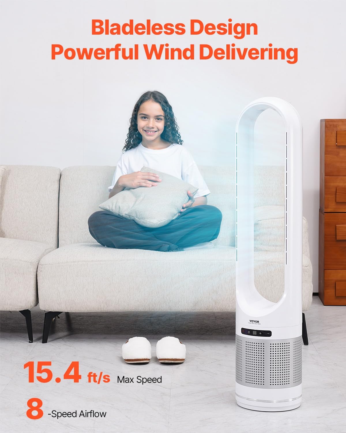 VEVOR Tower Fan Bladeless, 15.4ft/s Velocity Floor Fan that Blows Cold Air, 80° Oscillating 8-Speed Fans, 8H Timer, Standing Fans with H13 HEPA Filtration, Remote Control & Air Purification Mode