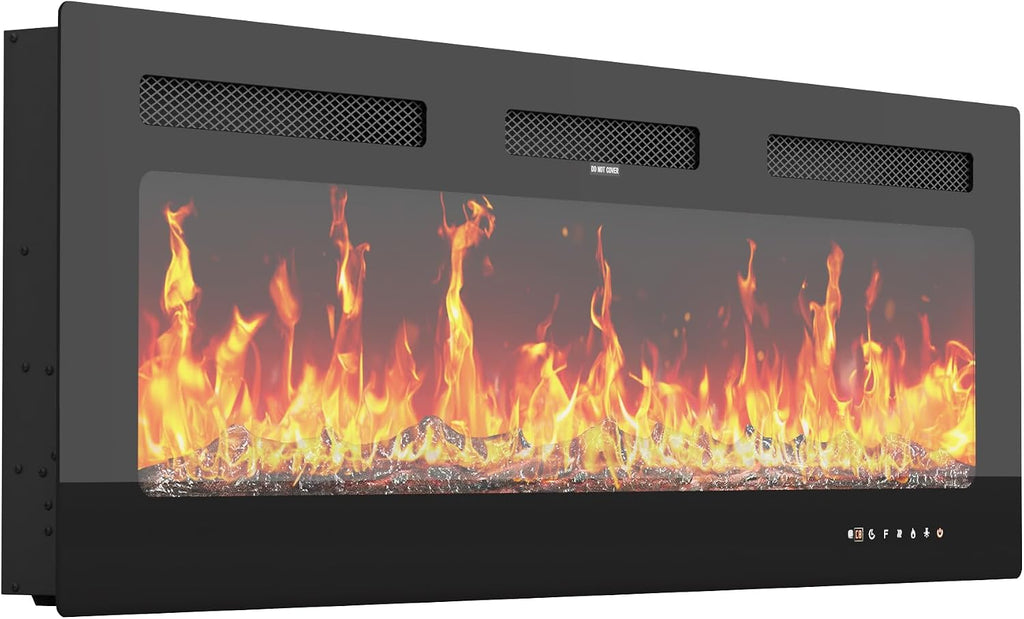 82' Modern High Gloss Fireplace TV Stand with 50' Fireplace, Entertainment Center with Electronic Flame and LED Lights, TV Console Cabinet, Black