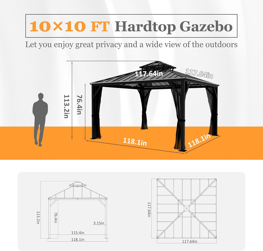 BlueWish 10x10 FT Hardtop Gazebo Canopy with Double Galvanized Steel Roof, Permanent Outdoor Pavilion with Mesh Netting for Patio. Garden, Backyard, Black