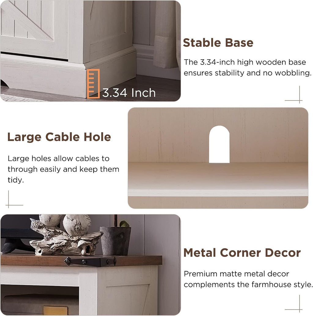 OKD Fireplace TV Stand for 65+ Inch TV, 33' Tall Highboy Farmhouse Entertainment Center w/ 23'' Electric Fireplace, Rustic Media Console w/Sliding Barn Door for Living Room, Antique White