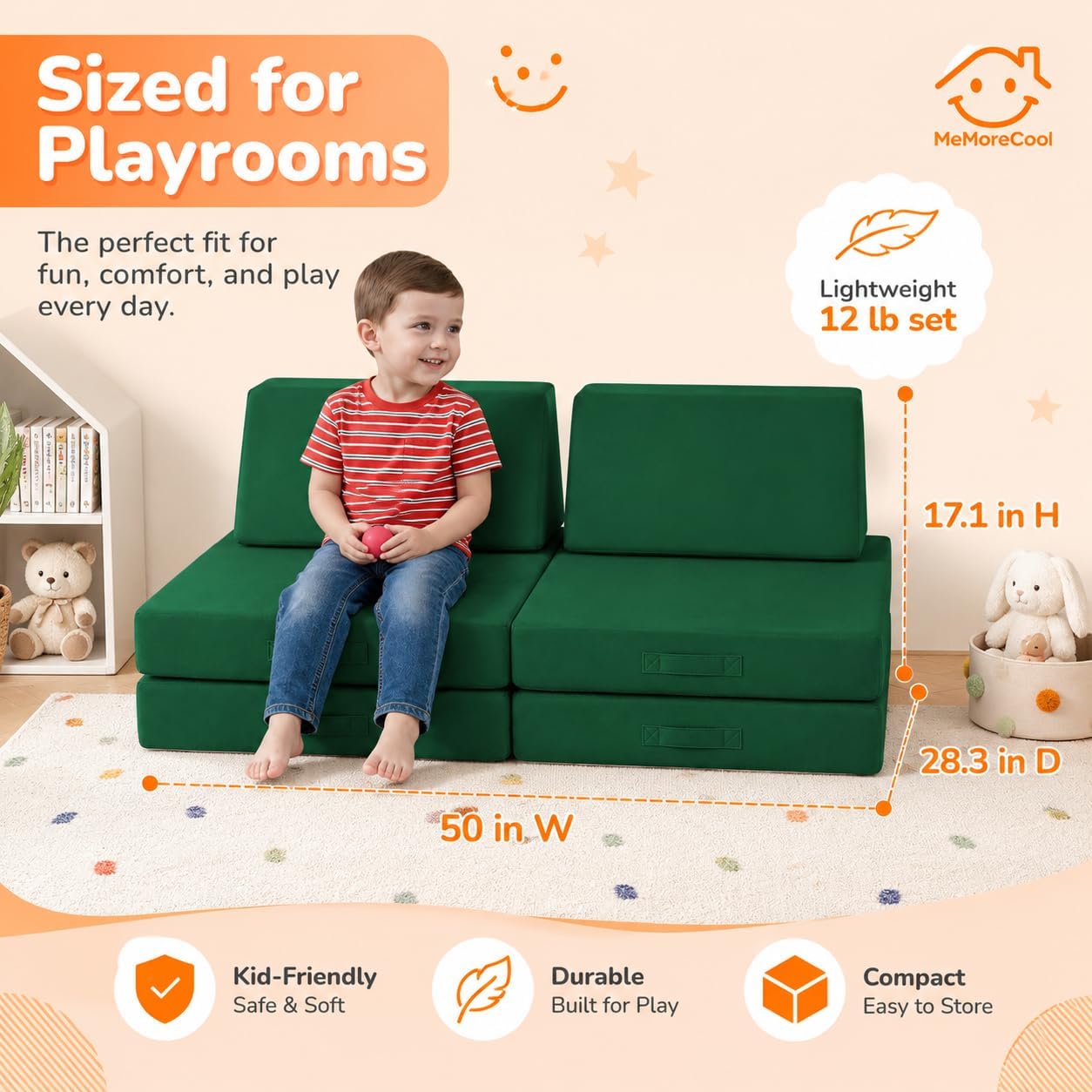 MeMoreCool Kids Play Couch, 8-Piece Modular Foam Sofa Fort Builder Set in Forest Green, Convertible Kids Couch with Washable Plush Cover for Playroom and Bedroom