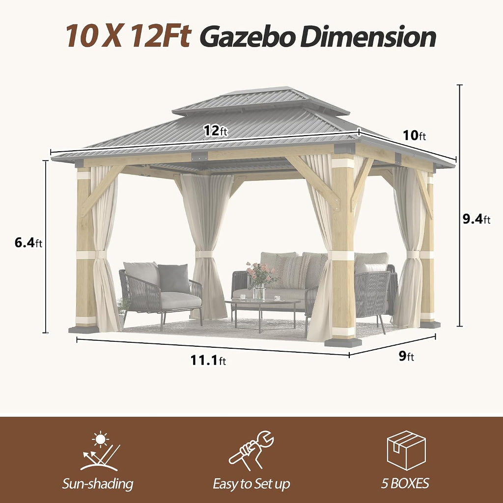 10' x 12' Wood Gazebo,Outdoor Cedar Wood Hardtop Gazebo with Galvanized Steel Doule Roof, Wooden Frame Gazebo with Netting and Curtains for Patio Backyard Deck