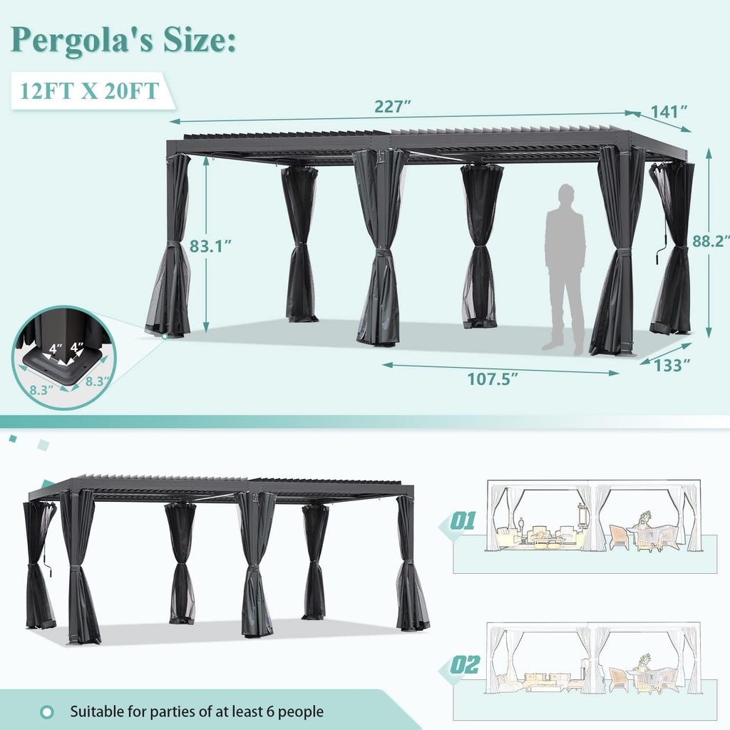 YOLENY Louvered Pergola 12x20, All Aluminum Pergola with Adjustable Rainproof Roof, Outdoor Pergola with Curtains and Nets for Patio & Garden, Dark Grey
