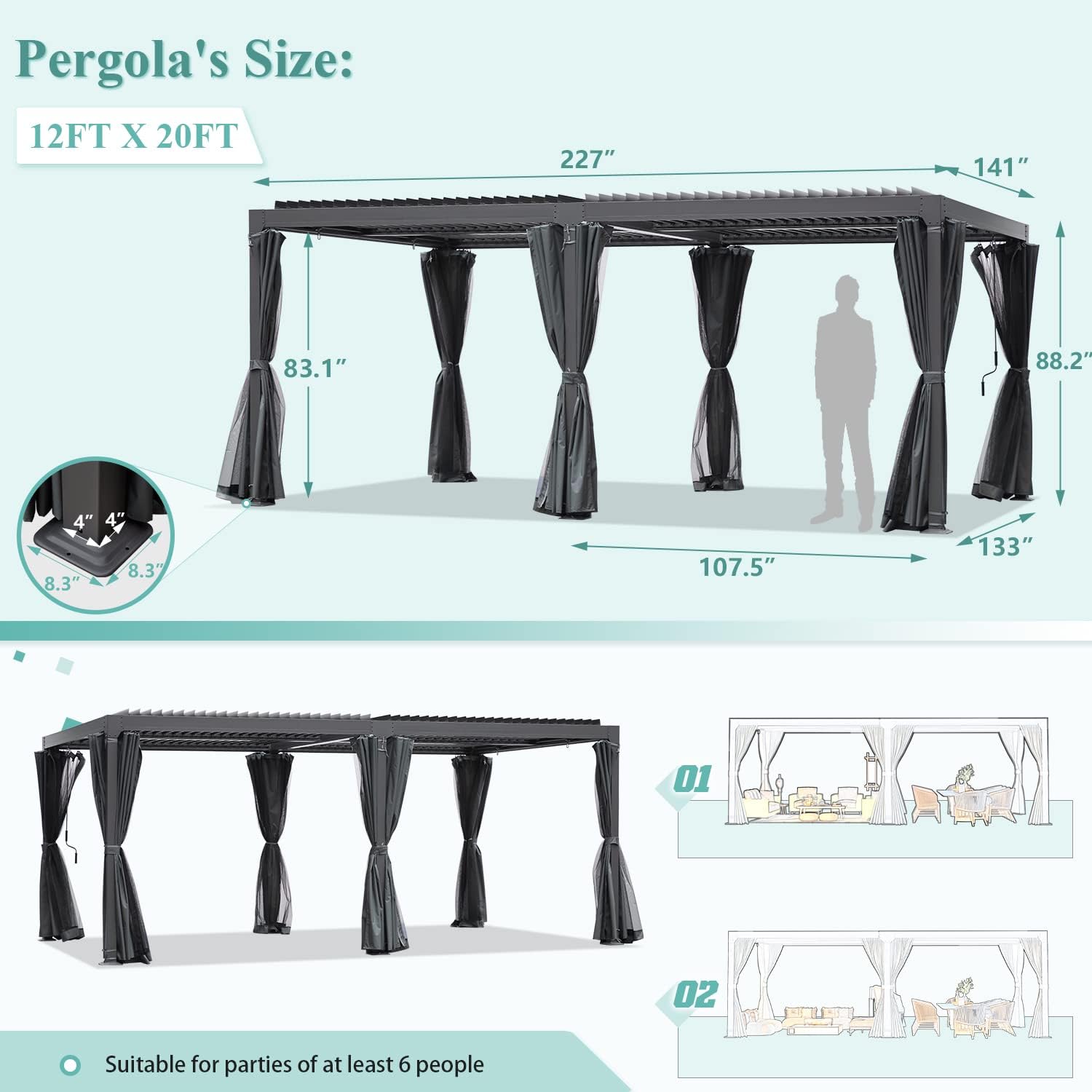 YOLENY Louvered Pergola 12x20, All Aluminum Pergola with Adjustable Rainproof Roof, Outdoor Pergola with Curtains and Nets for Patio & Garden, Dark Grey