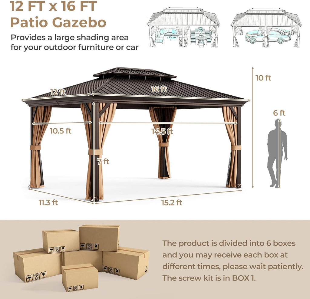 Tangkula 12x16 Ft Hardtop Double-Roof Patio Gazebo with Galvanized Steel Roof, Aluminum Frame, Tan Color