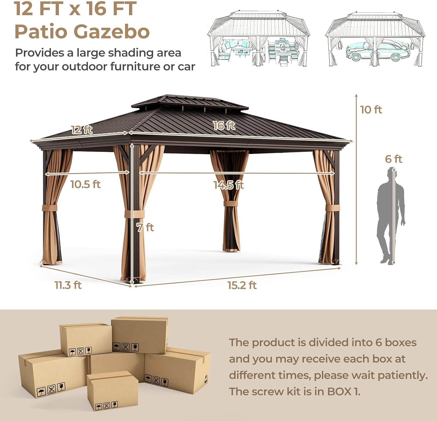 Tangkula 12x16 Ft Hardtop Double-Roof Patio Gazebo with Galvanized Steel Roof, Aluminum Frame, Tan Color