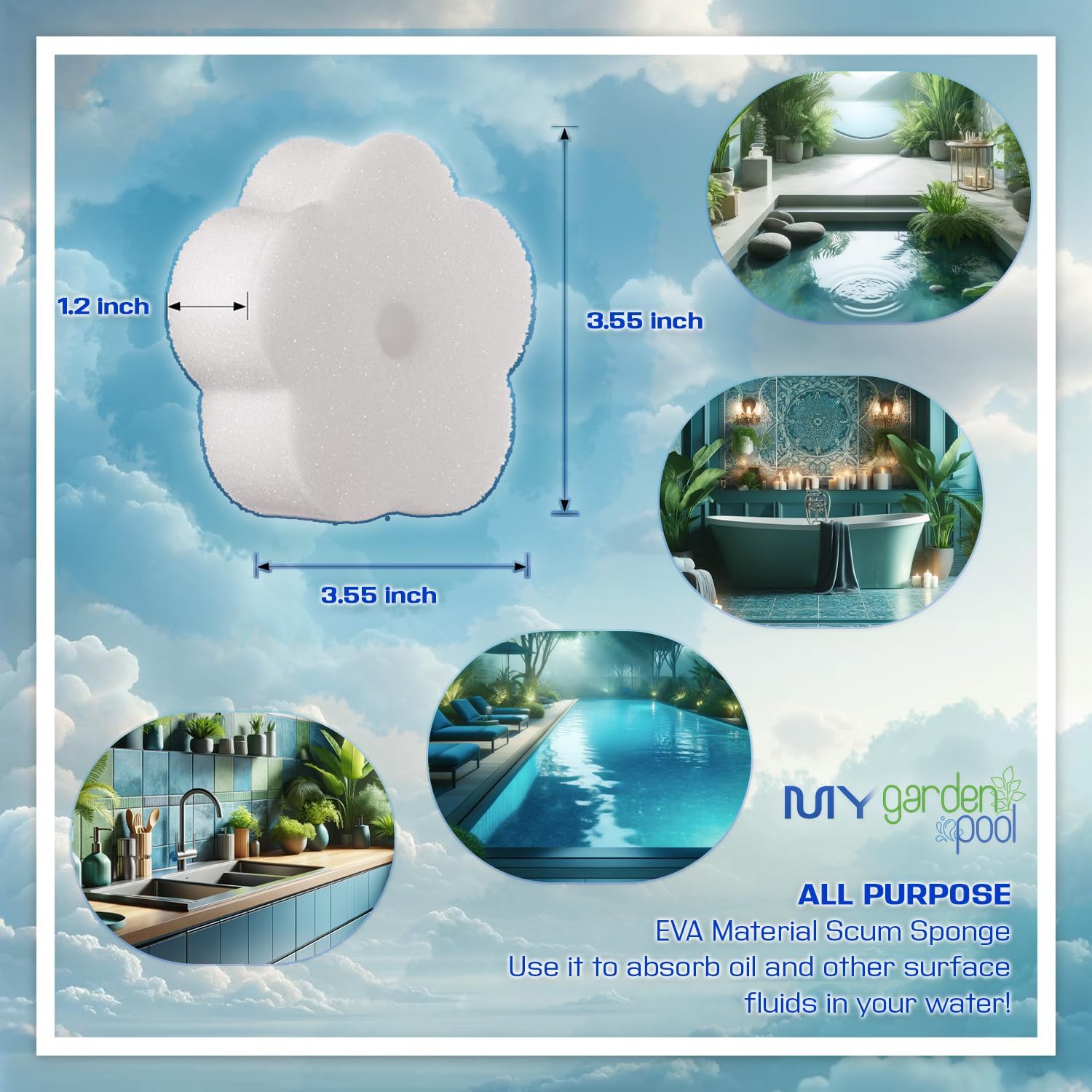 Yellow Out Swimming Pool Chlorine Shock Enhancing Treatment - 20 lbs, 24-Hour Algae Removal with My Garden Pool 20 Ct. Test Strips & Scum Sponge Flower Oil-Absorbing Sponge for Hot Tubs and Pools