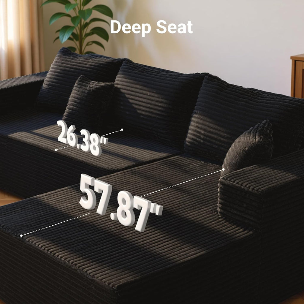 Claiks 104' Boneless Couch, Cloud Couch Sectional, L-Shape Corduroy Modular Sectional Sofa Deep Seat, Upholstered Couches for Living Room, No Assembly Required, Black, Right Facing Chaise