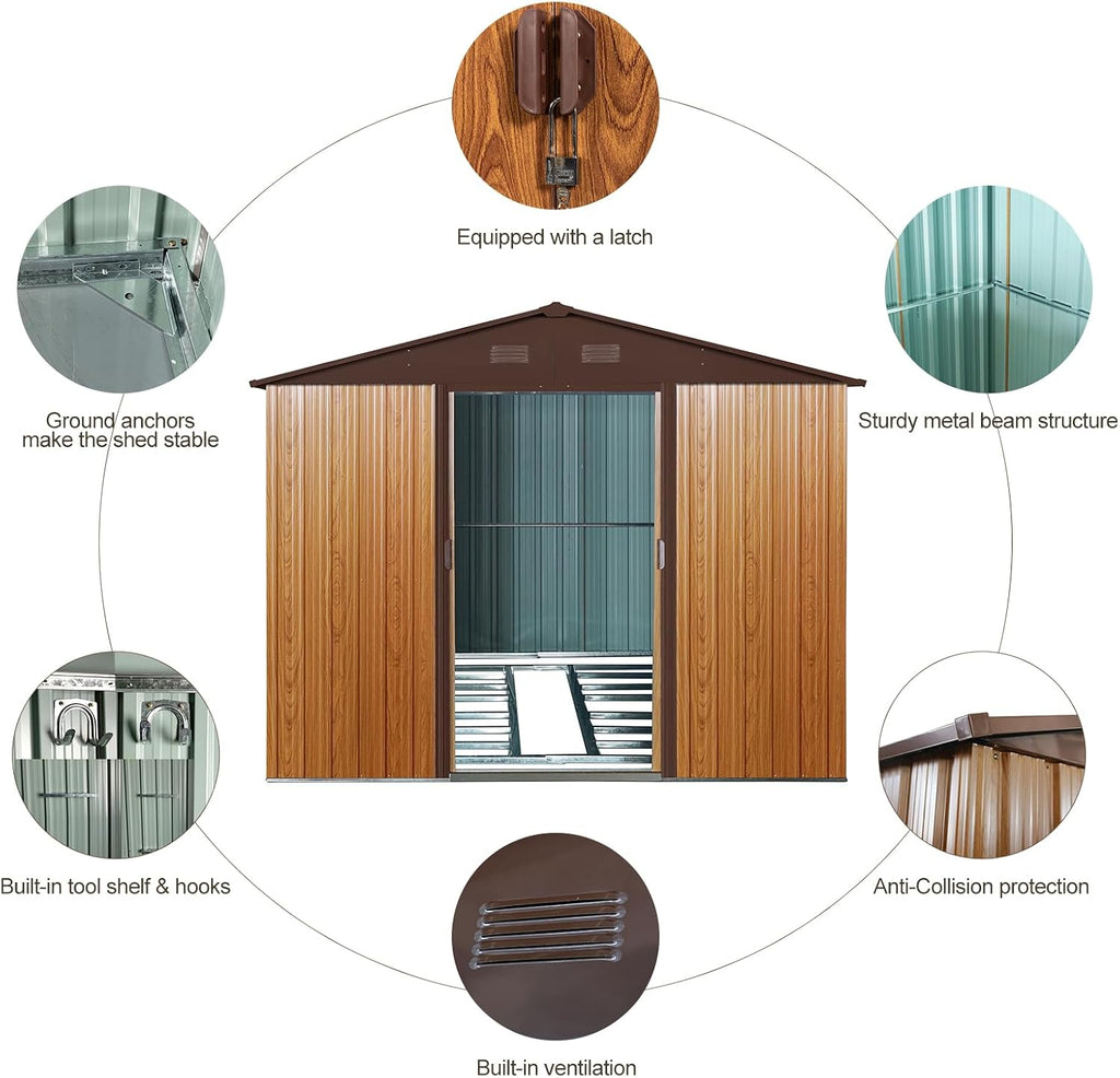 YOPTO 10×8 FT Outdoor Metal Storage Shed with Floor Base,Heavy Duty Garden Shed W/Integrated Punched Vents and Sliding Doors & Padlock,Large Waterproof Storage House for Backyard,Lawn,Coffee