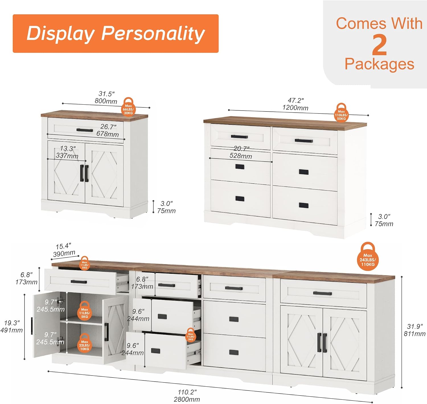 WAMPAT 110' W Large TV Stand,3-in-1 Farmhouse Entertainment Center with Storage Barn Door Cabinet,TV Console Table with Media Cabinet and Drawers for Living Room,Bedroom,Cream White