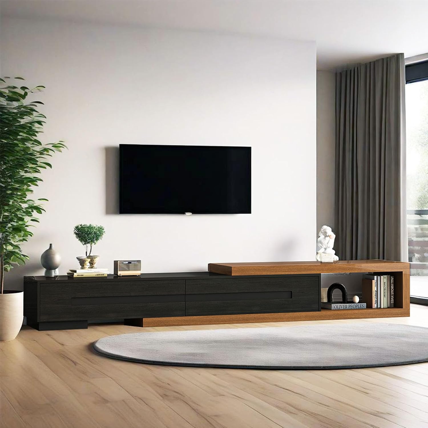 Extendable TV Stand with 2 Drawers, 80'-115' Modern Wood TV Console for Up to 120 Inch TV, Long Reversible Entertainment Center with Storage for Living Room Bedroom, Black& Walnut