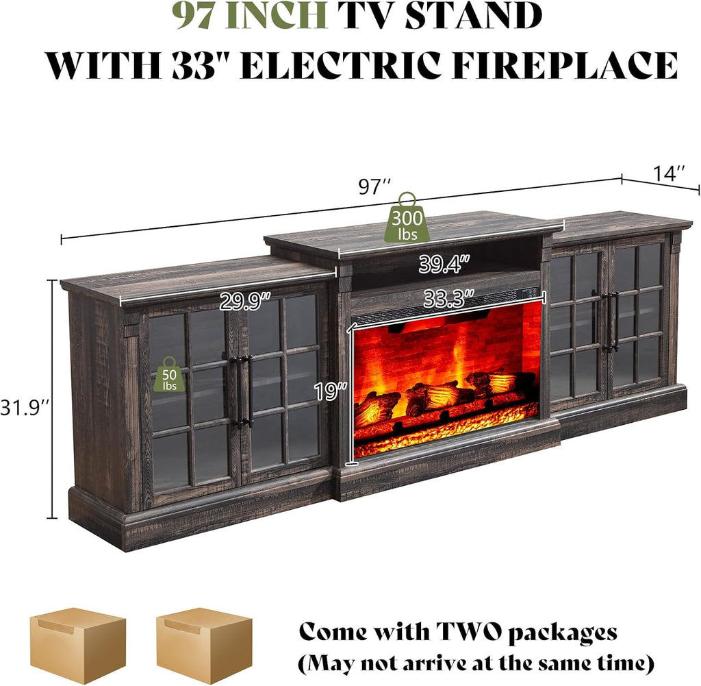 AMERLIFE 97' Farmhouse Fireplace TV Stand, Entertainment Center with Large Storage Space and Adjustable Shelf, Media Console for Living Room, Black