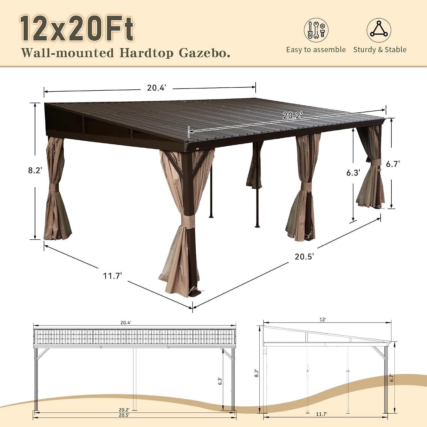 Domi 12x20FT Lean to Gazebo, Aluminum Wall Mounted Gazebo with Sloping Galvanized Steel Roof, Curtains and Netting, Outdoor Permanent Shelter for Patio, Deck, Garden, Backyard