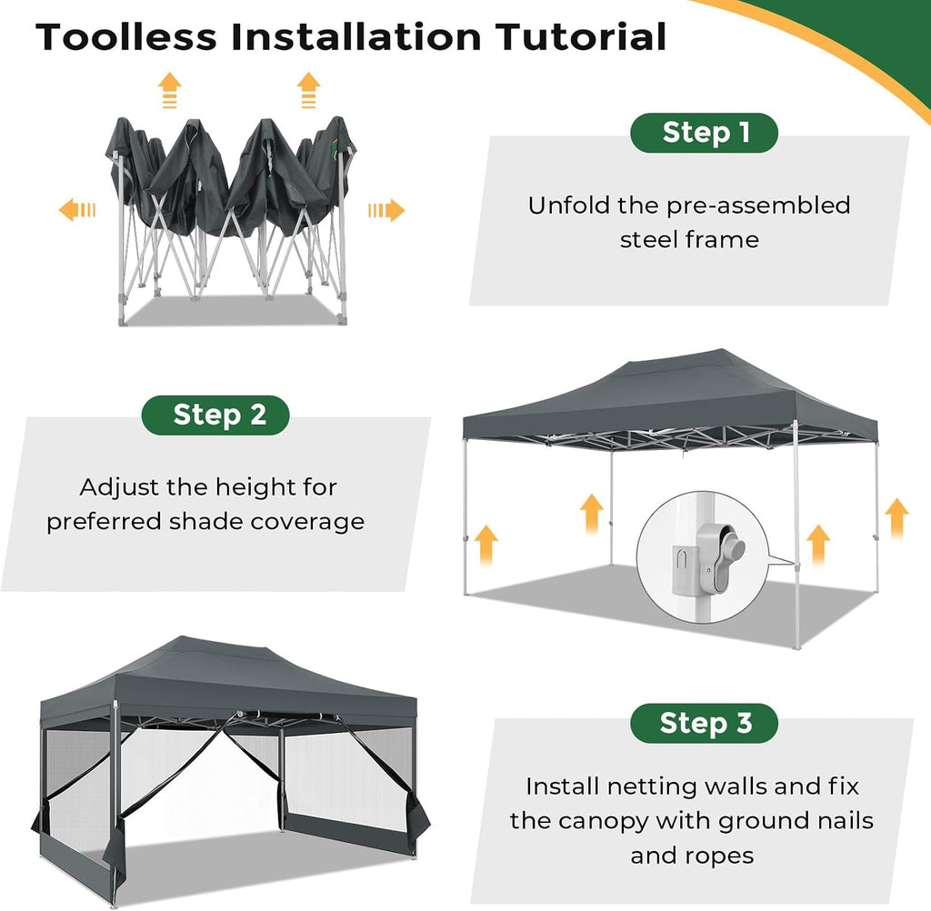 COBIZI 10x15 Heavy Duty Pop Up Canopy with 4 Sidewalls, Commercial Gazebo Party Tent with Mosquito Netting Wall Easy Set Up Outdoor Instant Screen Tent for Backyard, Patio, Garden, Gray