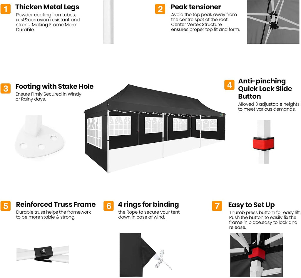COBIZI 10x30 Pop up Canopy with Roller Bag & 8 Removable Sidewalls, Canopy Tent for Parties, Wedding, and Commercials, Waterproof and Instant Shelter UV50+ Outdoor Gazebo with 4 Sandbags(Pure Black)