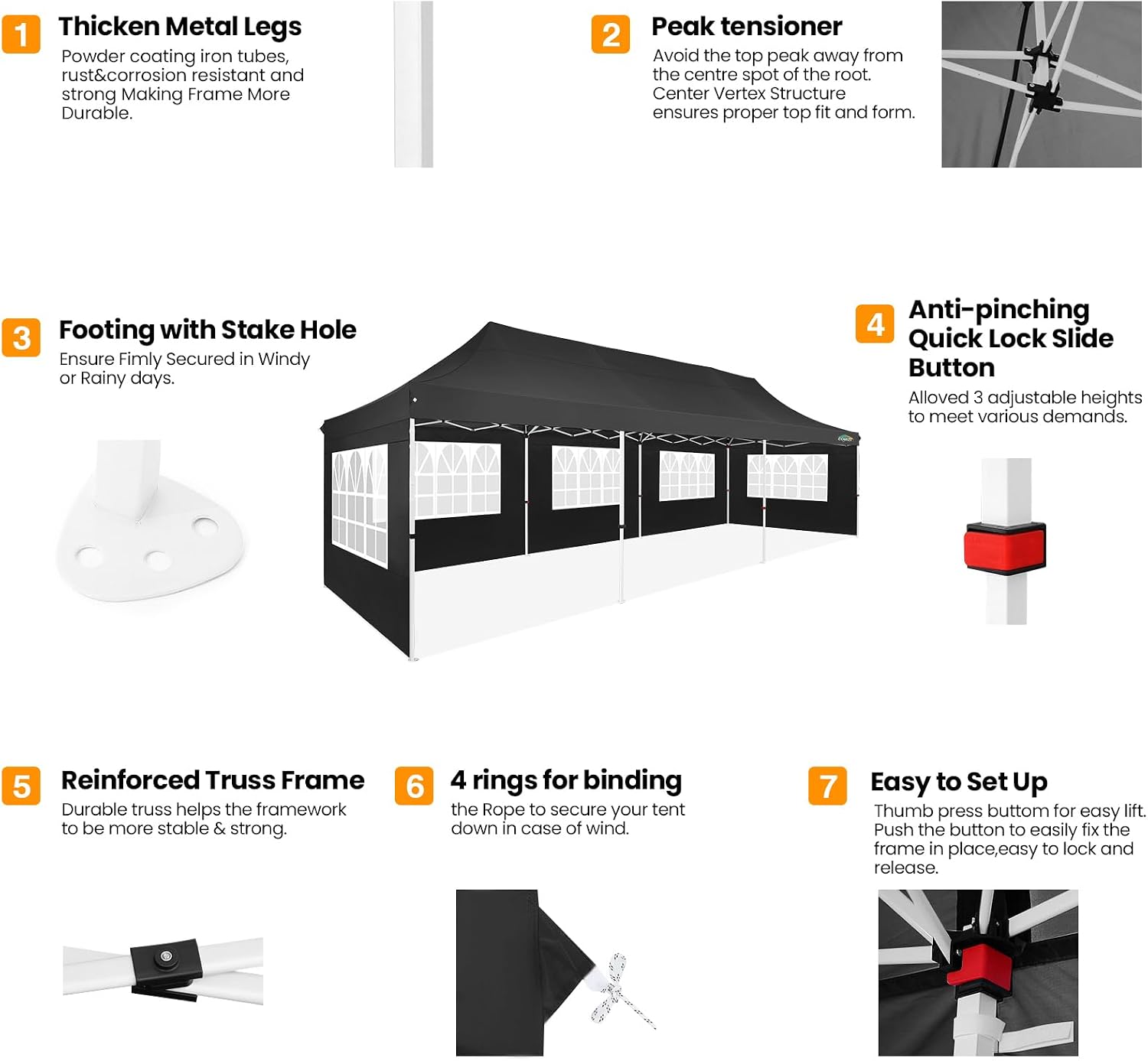 COBIZI 10x30 Pop up Canopy with Roller Bag & 8 Removable Sidewalls, Canopy Tent for Parties, Wedding, and Commercials, Waterproof and Instant Shelter UV50+ Outdoor Gazebo with 4 Sandbags(Pure Black)
