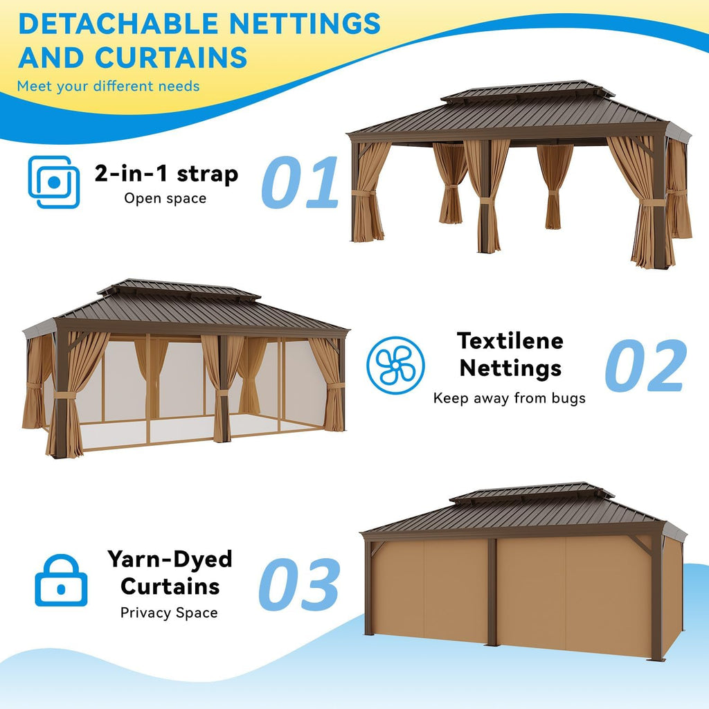 12' x 20' Hardtop Aluminum Gazebo, Double Galvanized Steel Roof Pavilion with Netting and Curtains, Permanent Outdoor Shelter for Patio, Lawn, and Garden, Brown