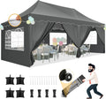HOTEEL 10x20 Pop up Canopy Tent with 6 Removable Sidewalls, Wave Hem Roof 10x20 Canopy with Wheel Bag and 4 Sandbag, Commercial Pop up Tent Waterproof Sunshade for Market Wedding Party Stall (Grey)