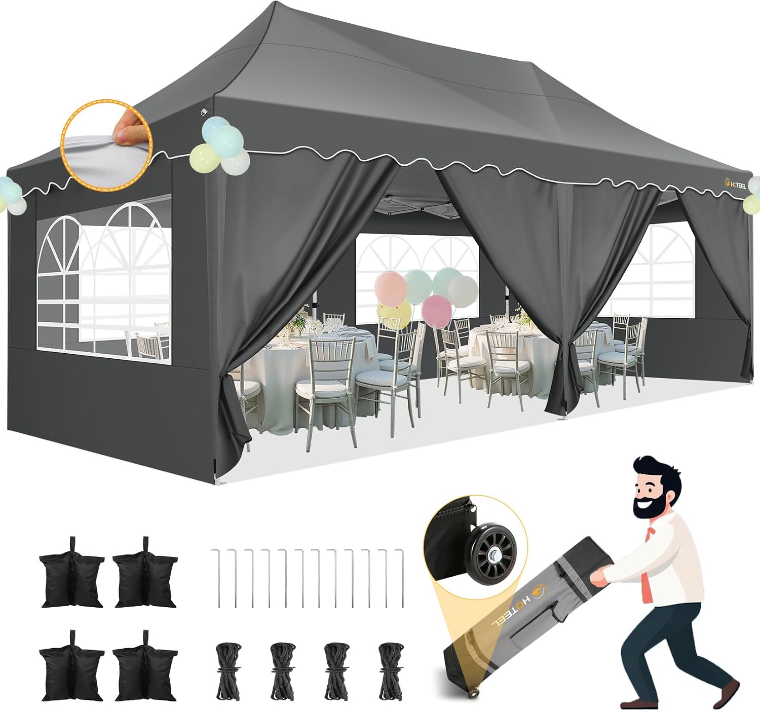 HOTEEL 10x20 Pop up Canopy Tent with 6 Removable Sidewalls, Wave Hem Roof 10x20 Canopy with Wheel Bag and 4 Sandbag, Commercial Pop up Tent Waterproof Sunshade for Market Wedding Party Stall (Grey)