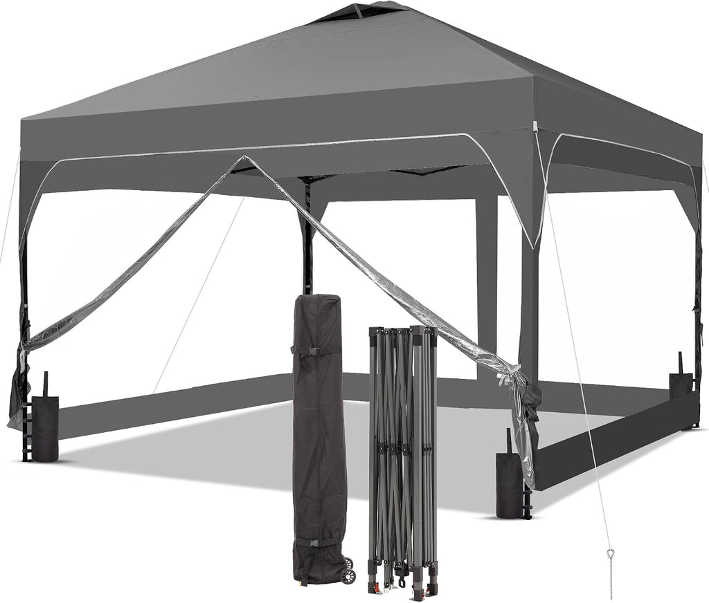 10x10 Pop Up Canopy Tent with One Push Setup, Portable Sun Shade Tent, Instant Easy Up Canopy with 4-Sidewalls & Hand Bag, Outdoor Fldable Gazebo with Vent Top, Grey.