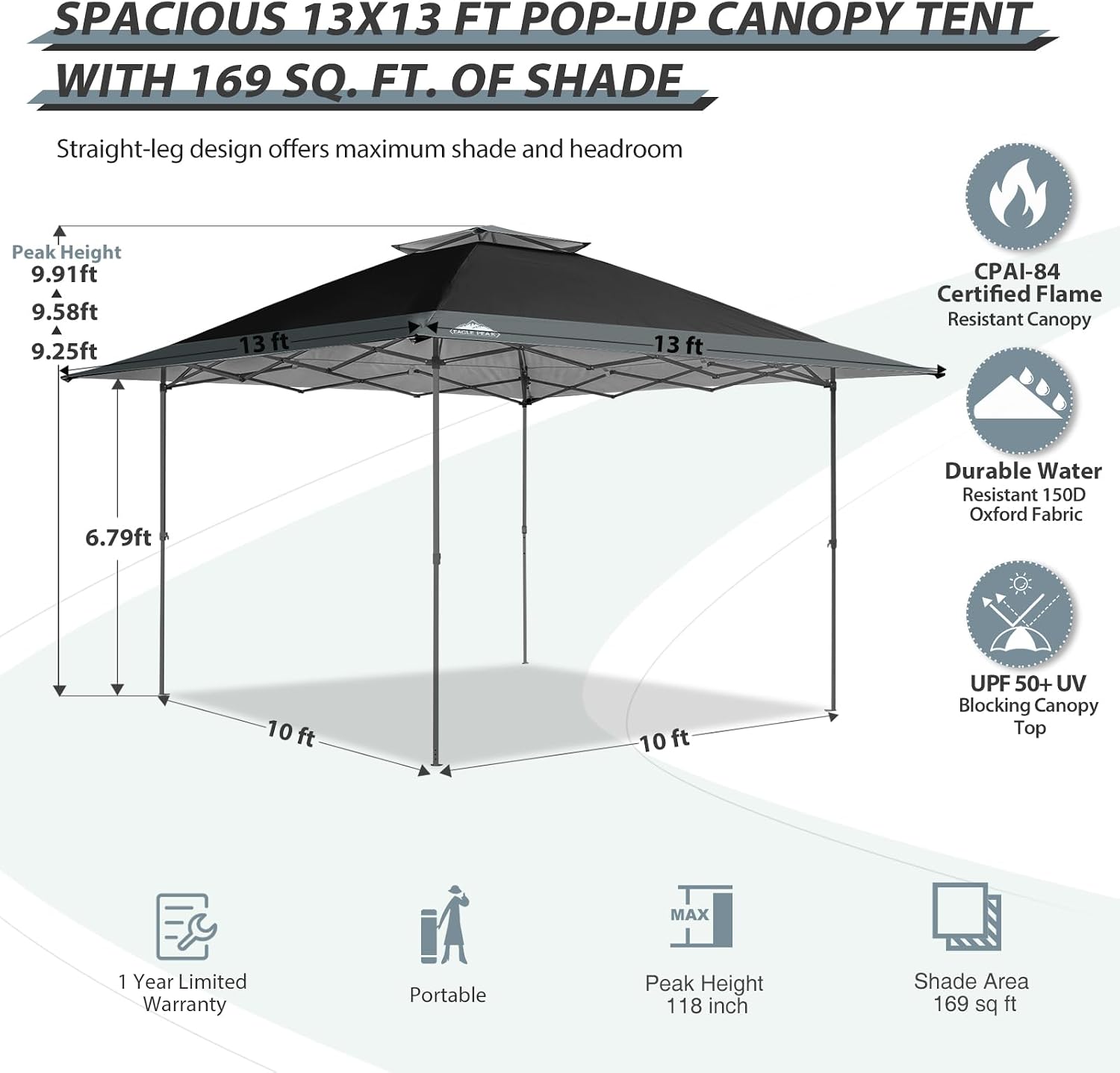 EAGLE PEAK 13x13 Straight Leg Pop Up Canopy Tent Instant Outdoor Canopy Easy Single Person Set up Folding Shelter w/Auto Extending Eaves 169 Square Feet of Shade (Black/Gray)