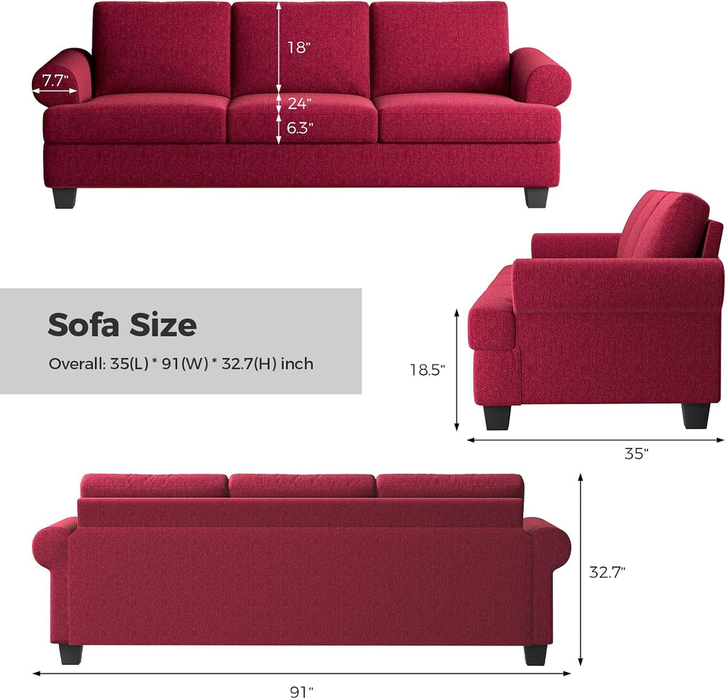 COPIAE 91 Inch Lawson Sofa with Extra Deep Seats Oversize, Mid-Century 3-Seat Sofa Couch, for Living Room, Apartment, Lounge, Red