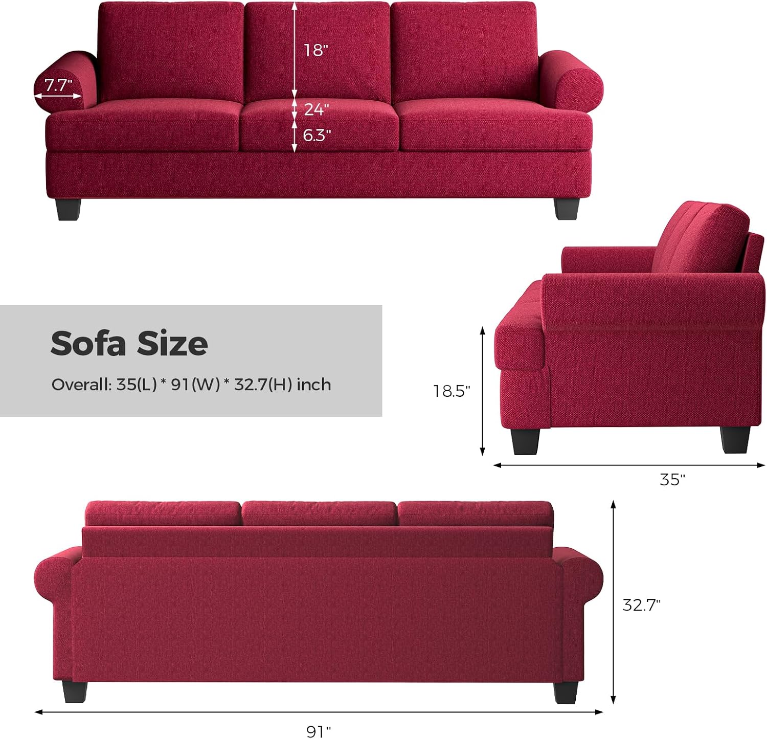 COPIAE 91 Inch Lawson Sofa with Extra Deep Seats Oversize, Mid-Century 3-Seat Sofa Couch, for Living Room, Apartment, Lounge, Red