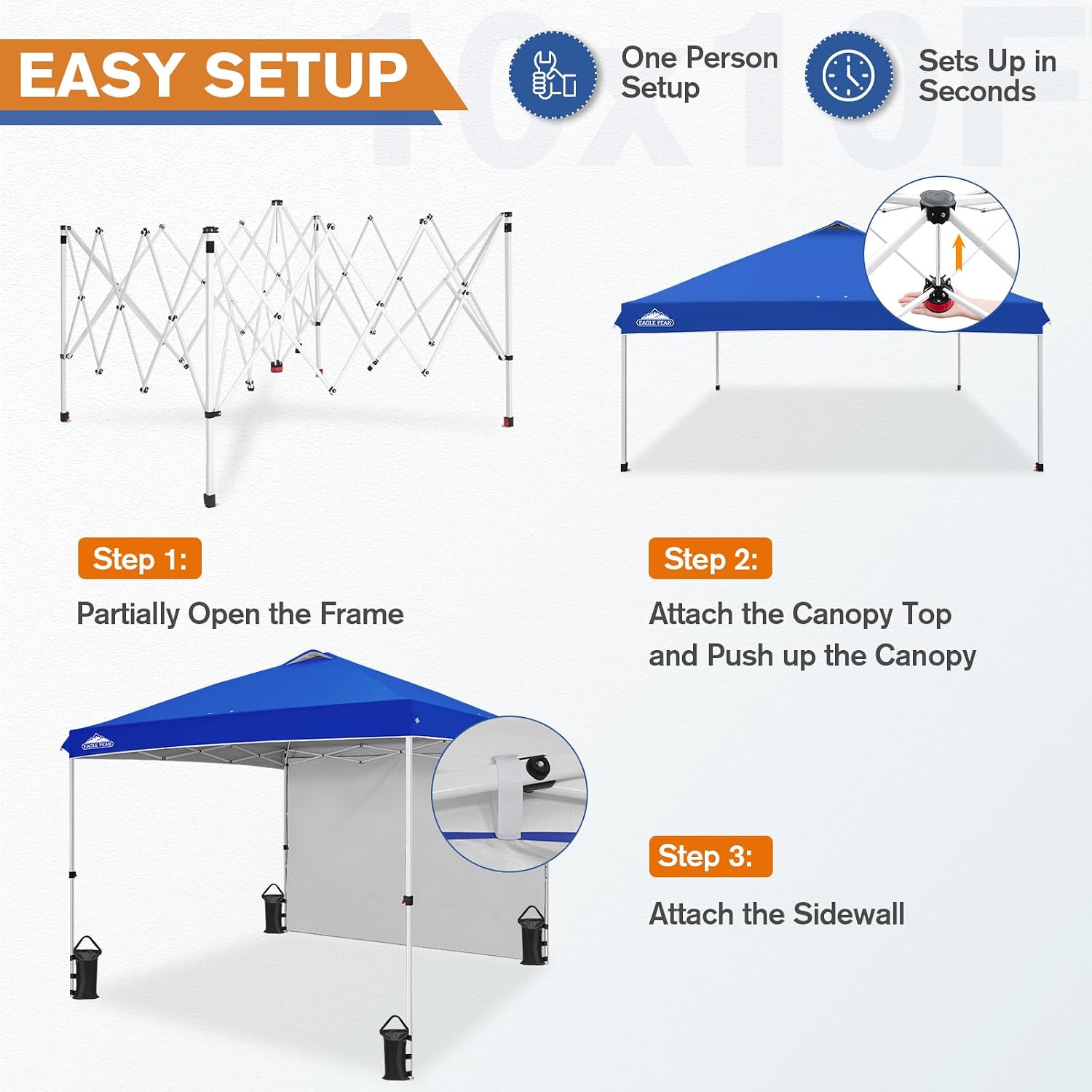 EAGLE PEAK Commercial Canopy 10x10 Pop Up Canopy Tent with 1 Sidewall, Easy Setup Heavy Duty Instant Event Shelter for Vendors & Markets, Outdoor Sun Shade, Blue