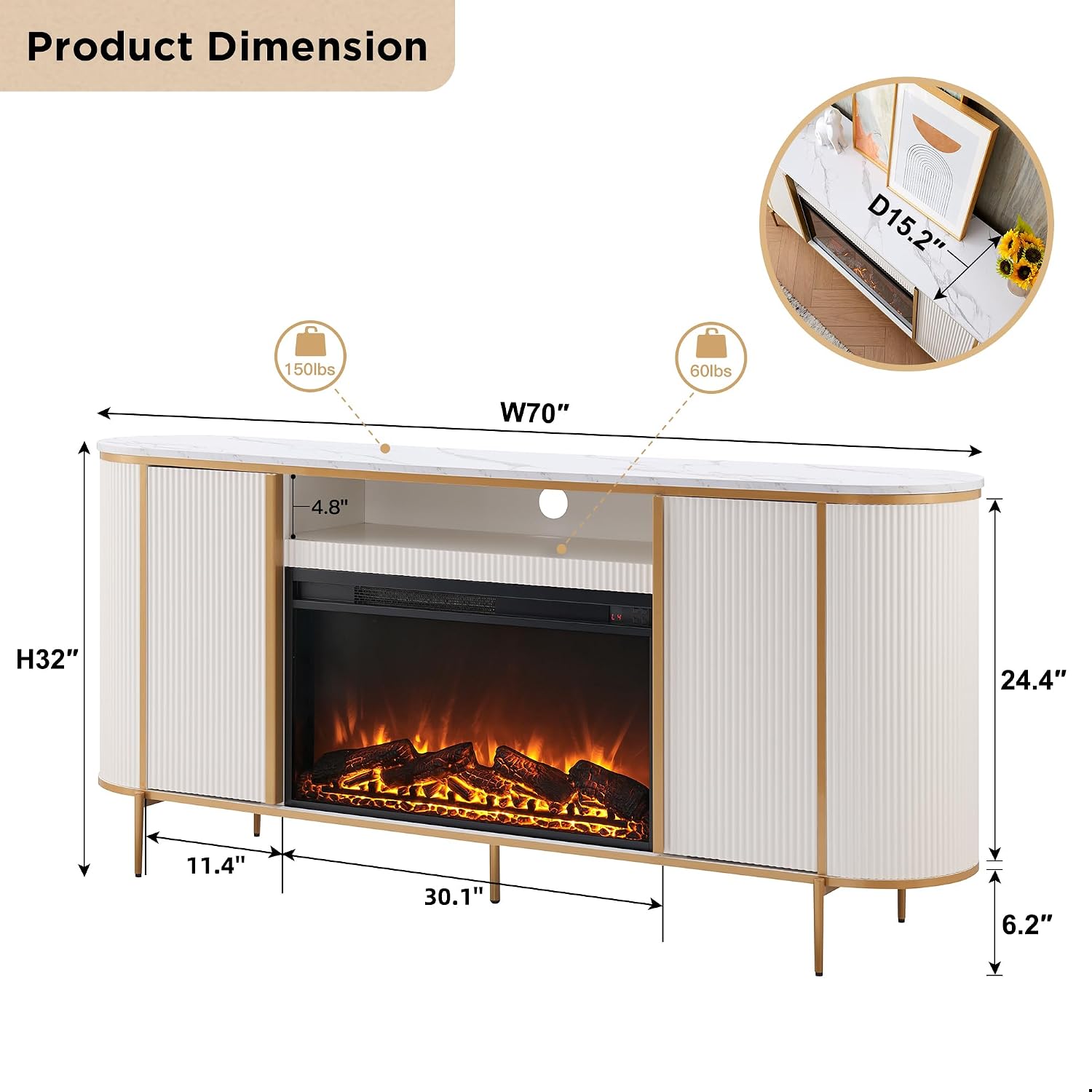 OKD Luxury 70' Fluted Fireplace TV Stand, Modern Chic Entertainment Center for TVs Up to 80 inches, TV Console with Faux Marble Top, Curved Profile Design, Media Console for Living Room, Off White