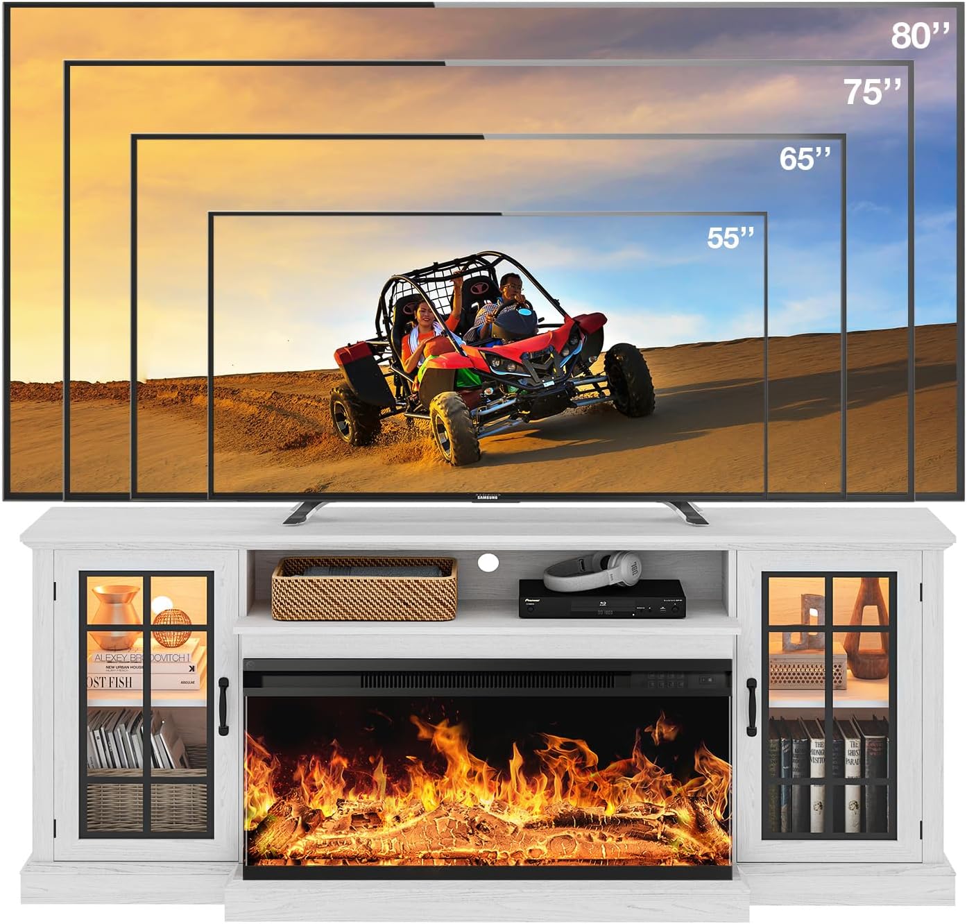 oneinmil 36 Inch 3-Sided Glass Fireplace TV Stand for TVs up to 80', Rustic Media Entertainment Center Console Table with Glass Door Closed Storage, Set of TV Table, White