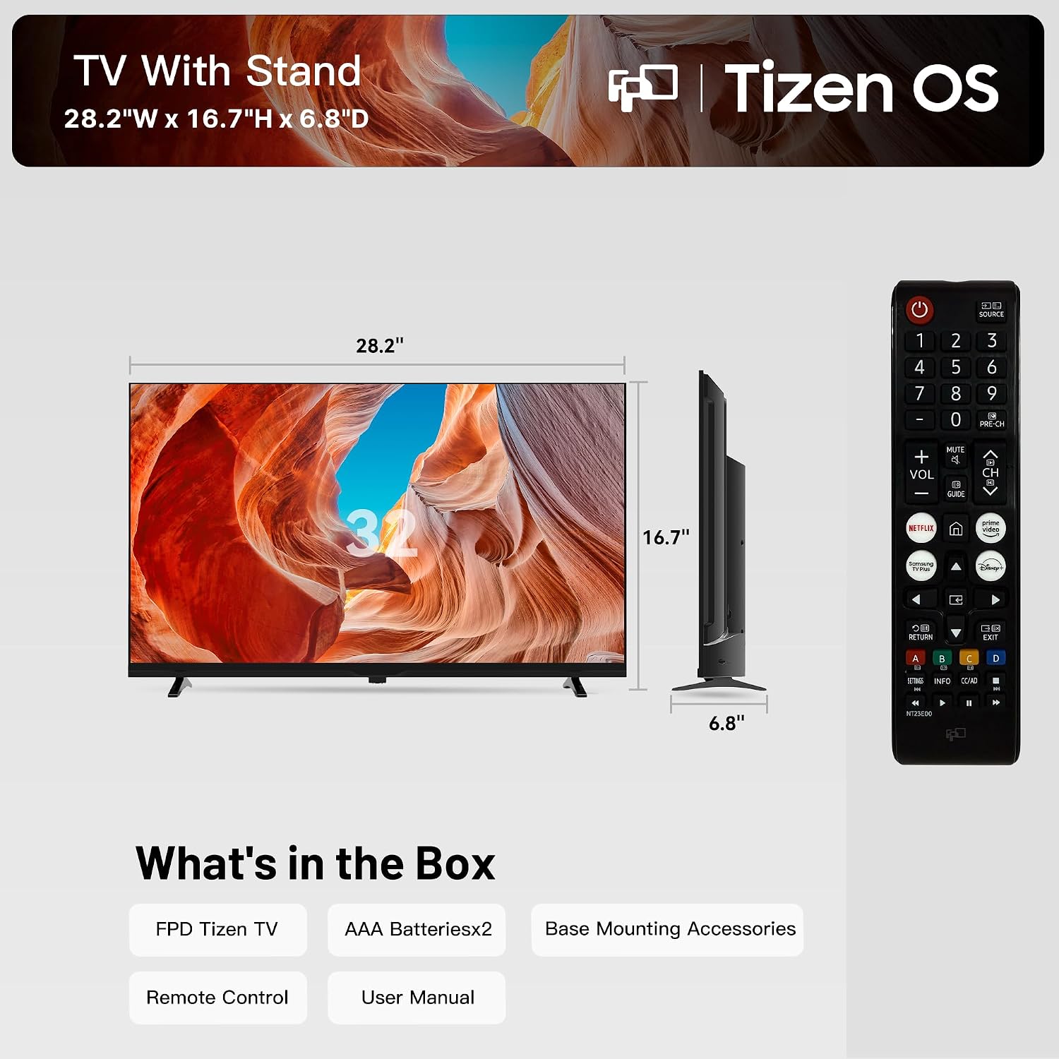FPD Smart TV 32 Inch, Television Compatible with Samsung TV Plus Powered by Tizen OS, 720p HD TV with Dolby Audio, HDR 10, SmartThings, Miracast, Gaming Hub, Voice Remote Flat Screen TV (AT32-P1)