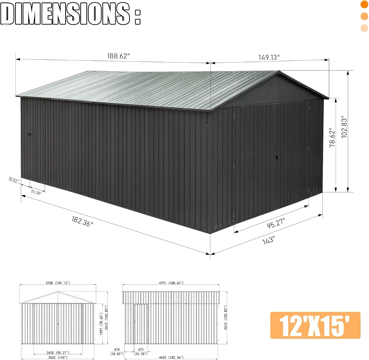 Domi 12x15FT Outdoor Metal Garage Shed, Extra Large Metal Carport with Lockable Double Hinged Doors, Heavy Duty Car Shelter for Car, Truck, Motorcycle and Lawn Equipment, Dark Grey
