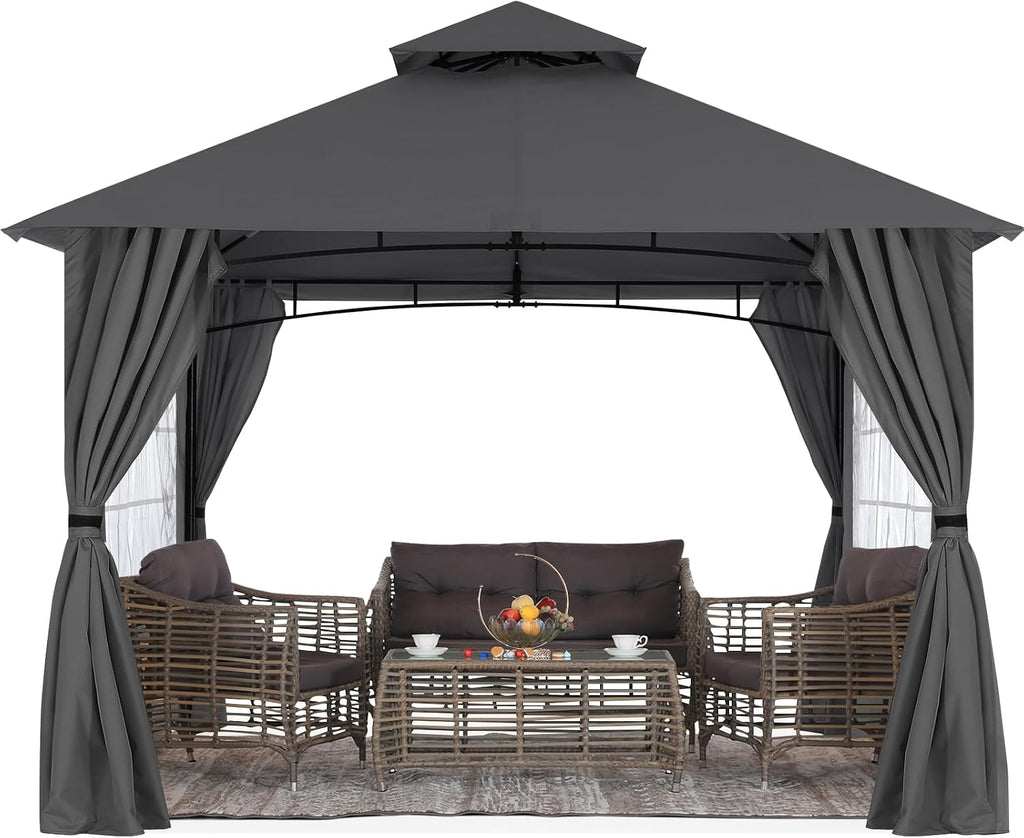MASTERCANOPY Patio Gazebo Steel Frame Outdoor Gazebo with Windows Curtains (10x12,Dark Gray)