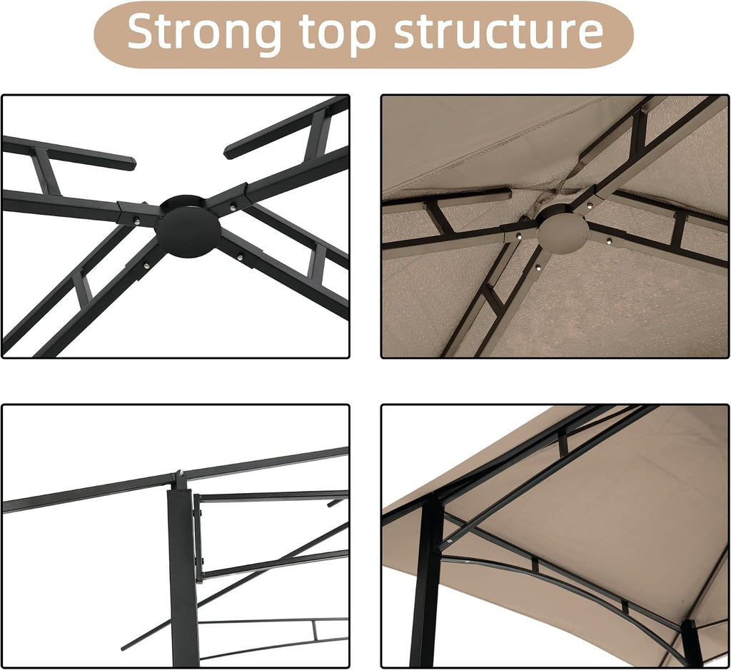 Outdoor Grill Gazebo 8x5 FT with Double Tier Canopy Steel Frame BBQ Shelter Tent for Patio Backyard Camping Includes Hooks Bar Counters & Windproof Design (Khaki)