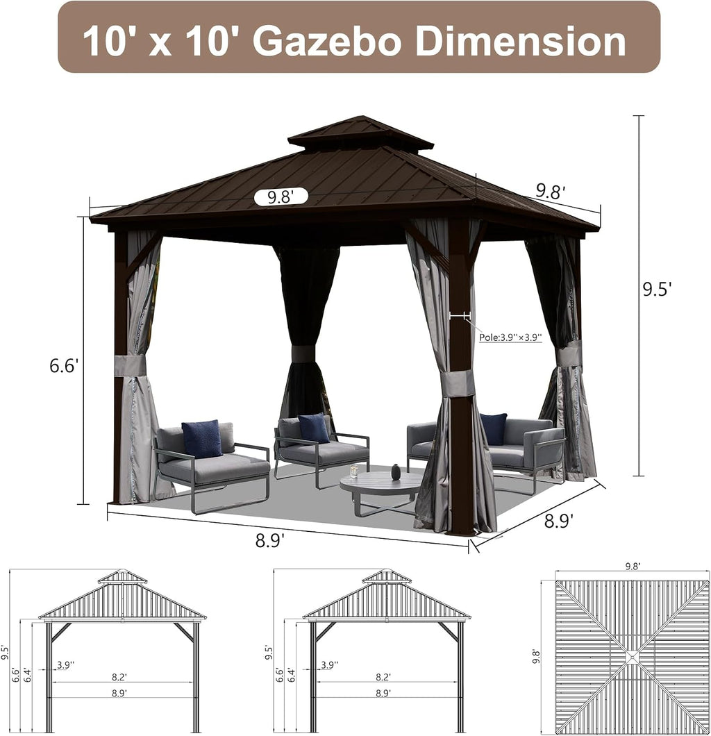10' x 10' Hardtop Gazebo, Outdoor Aluminum Gazebo with Galvanized Steel Double Roof Canopy, Outdoor Permanent Metal Pavilion with Curtains and Netting for Patio, Backyard and Lawn, Dark Brown