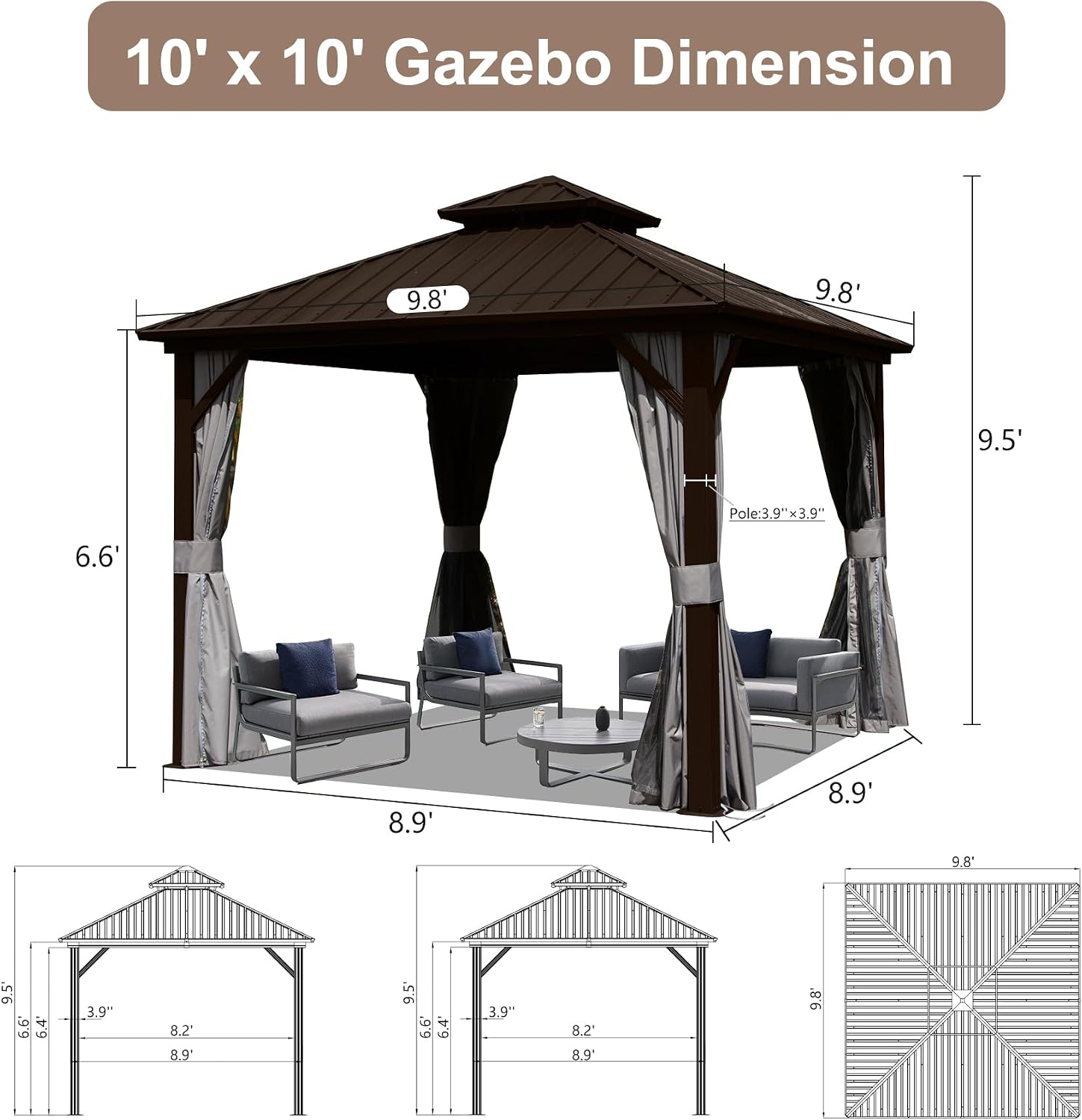 10' x 10' Hardtop Gazebo, Outdoor Aluminum Gazebo with Galvanized Steel Double Roof Canopy, Outdoor Permanent Metal Pavilion with Curtains and Netting for Patio, Backyard and Lawn, Dark Brown