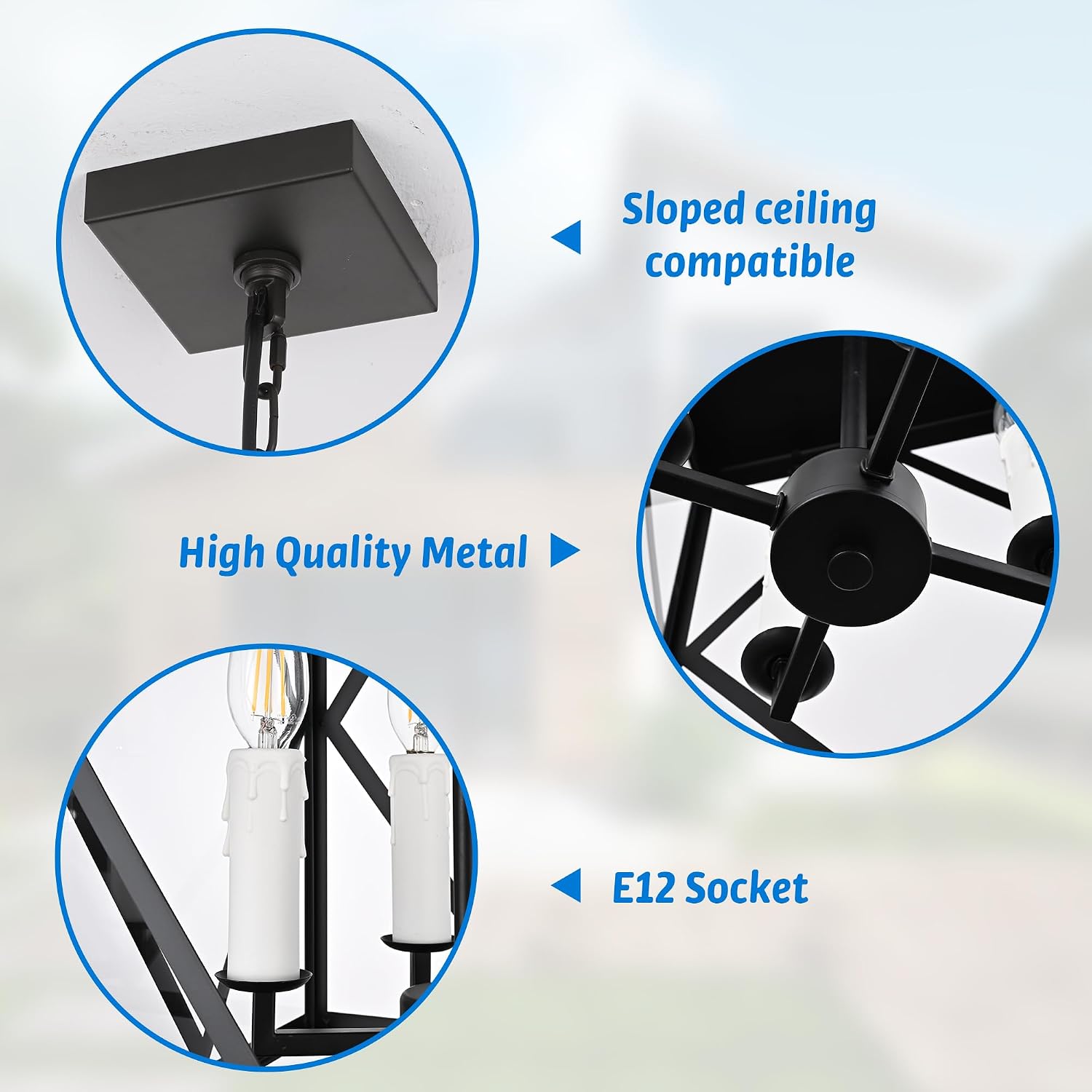 Black Exterior Pendant Lights for Porch with Clear Glass 4 Light Adjustable Hanging Lamp Farmhouse Lantern Porch Light Exterior Chandelier Ceiling Mount for Entrance Patio, White Candle Socket