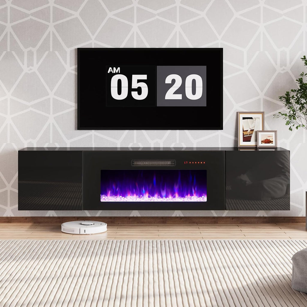 AMERLIFE Floating TV Stand with 36' Electric Fireplace, High Gloss Finish Wall Mounted Fireplace Entertainment Center with Storage for TVs Up to 78', Black