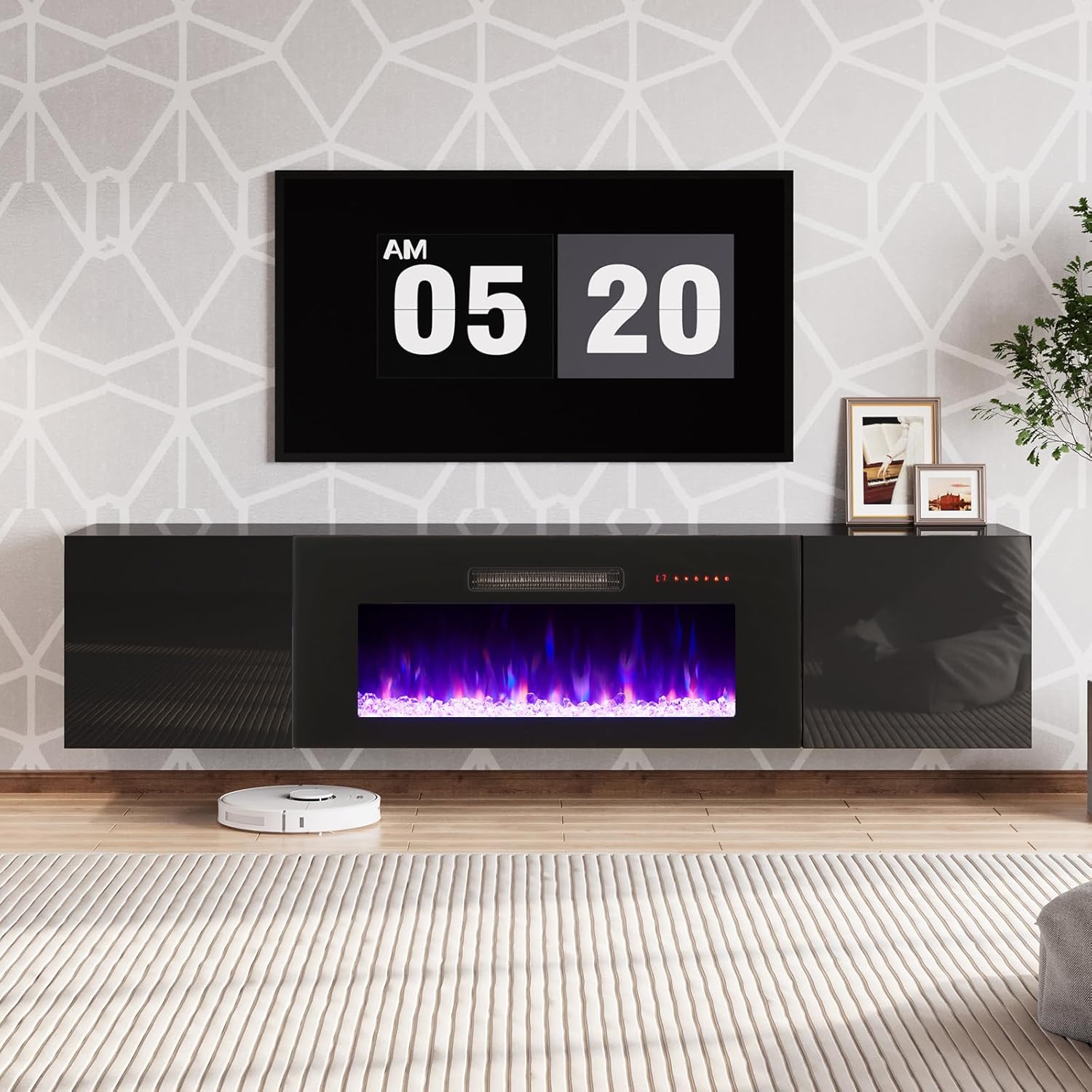 AMERLIFE Floating TV Stand with 36' Electric Fireplace, High Gloss Finish Wall Mounted Fireplace Entertainment Center with Storage for TVs Up to 78', Black
