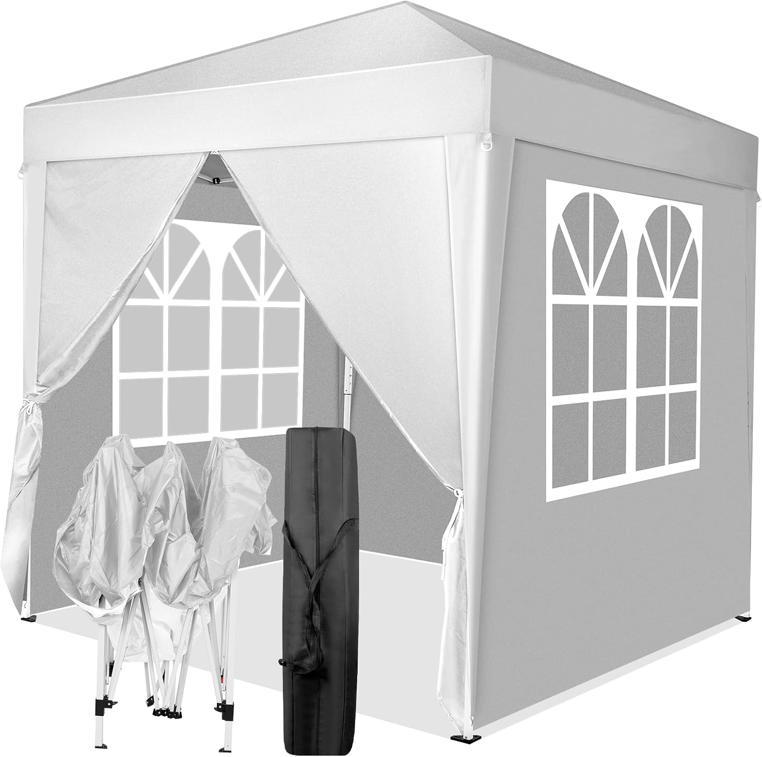 6.5x6.5 Pop Up Canopy Tent with Sidewalls, 3 Height Adjustable Beach Tent with Carrying Bag, 8 Stakes & 4 Ropes, Easy Set Up Gazebo for Events, Party, Wedding (6.5x6.5FT White with 4Sidewalls)