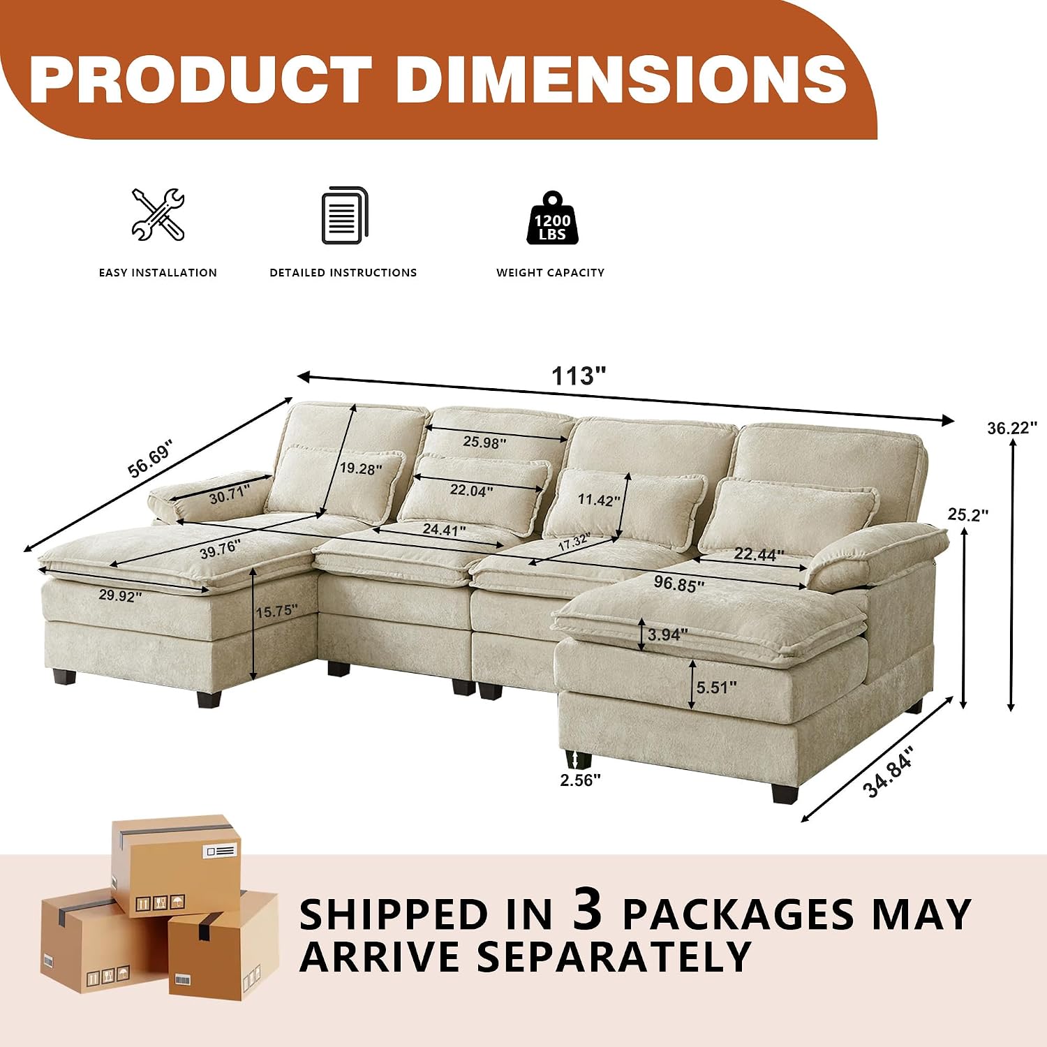 Cloud Couch with Double Chaises, 113' U Shape Sectional 4-Seater Sofa with 2 Layer Cushions, Deep Seat Comfy Sofa, Upholstery Chenille for Living Room, Beige
